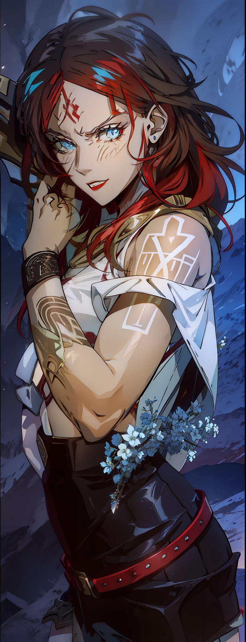 Boadicea, red-haired Viking warrior with Nordic armor and rune tattoos on her body and blooming blue eyes holding an axe, 4k