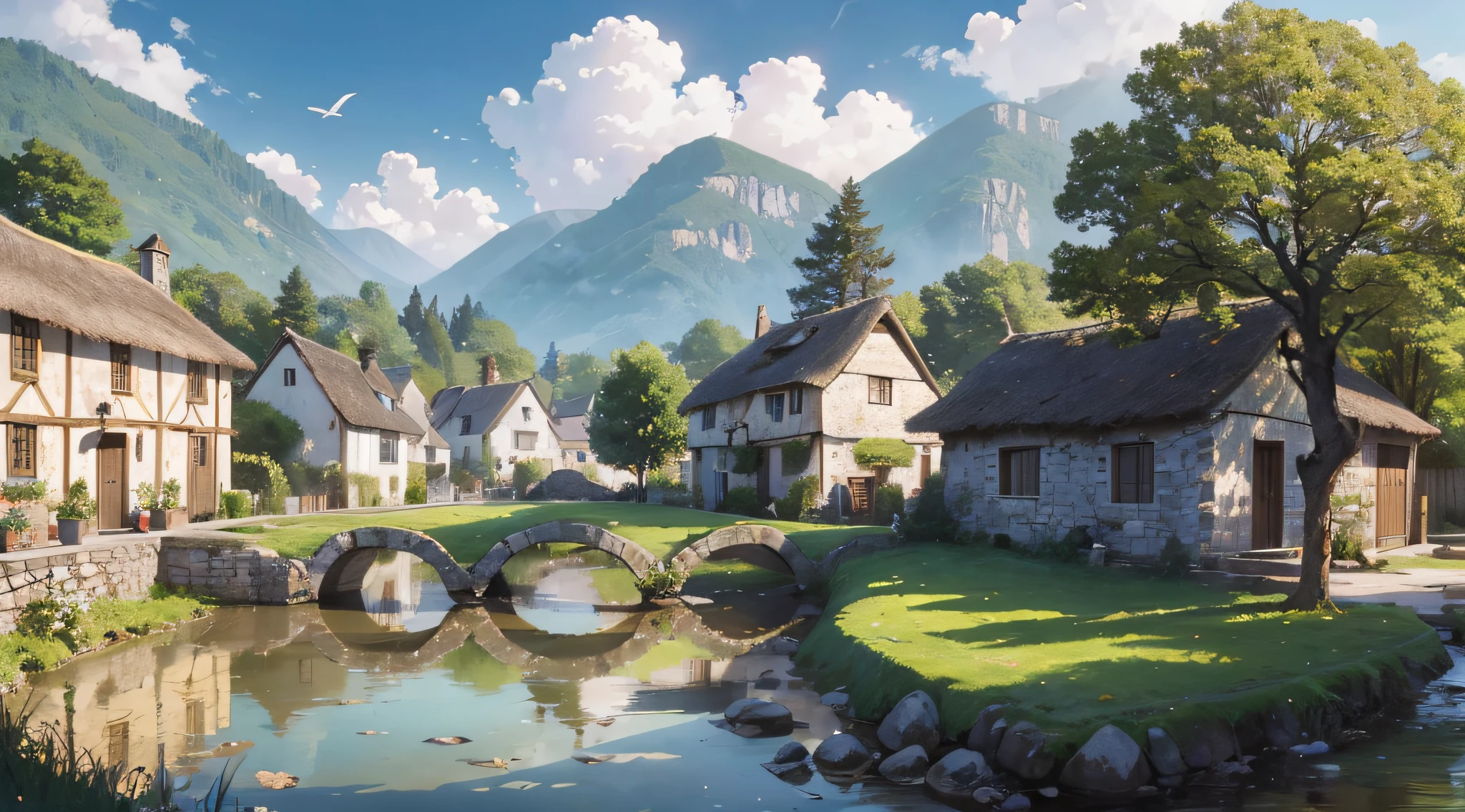 "Create an image of a peaceful medieval village nestled in a bucolic landscape during a sunny afternoon, where thatched-roof stone and wooden houses are dotted between gentle hills and green fields, Ancient trees sway in the wind, and life unfolds slowly to the sound of birds chirping and the murmur of a nearby stream." --auto