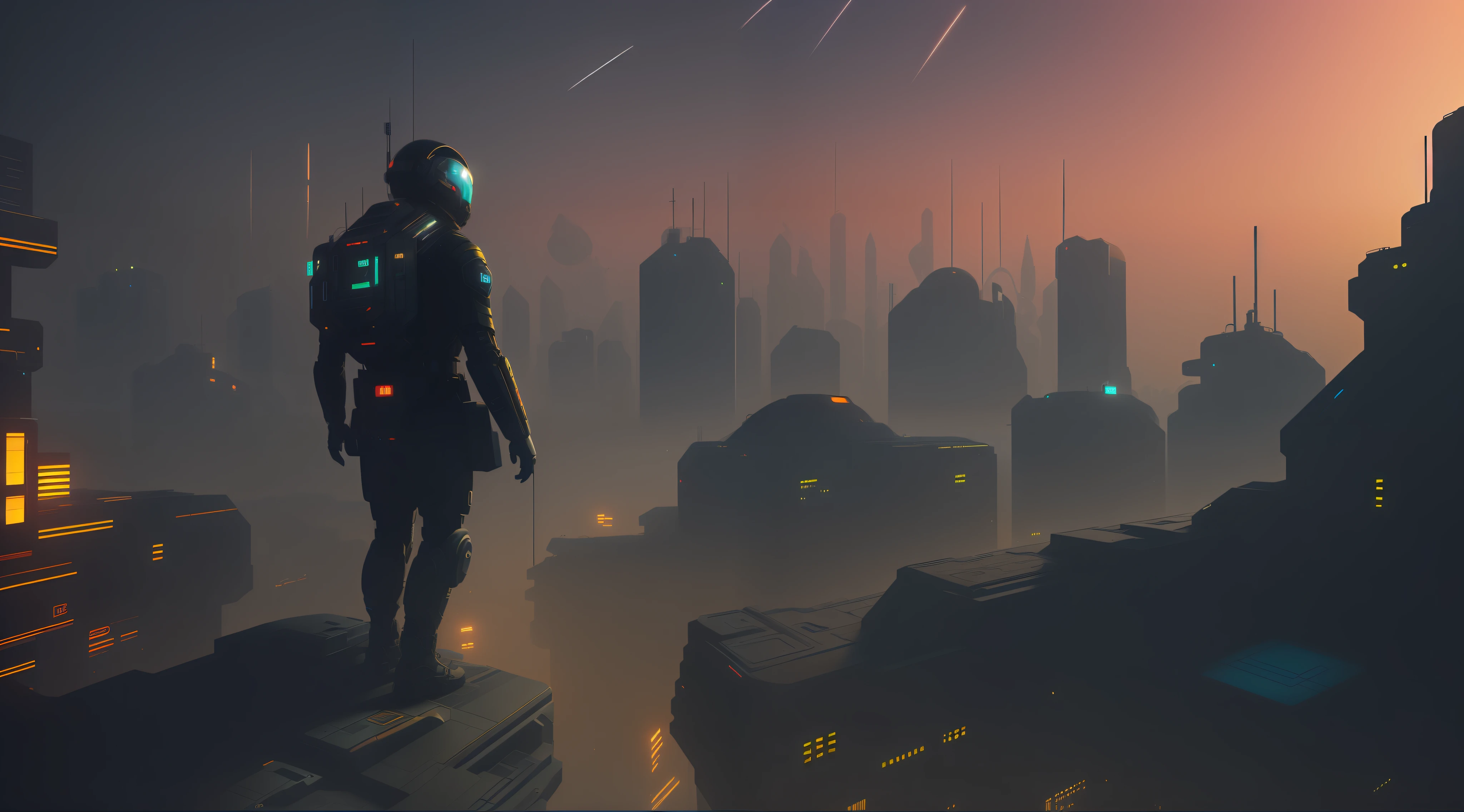 Cidade futuristica,A man stands on a platform in the middle of the night, science fiction digital painting, science fiction digital painting, 3 d render beeple, arstation and beeple highly, Concept art wallpaper 4K, concept art 8 k, Dark science fiction art, cyberpunk city in the distance, greg beeple, Science-fi digital art illustration,Future military uniform