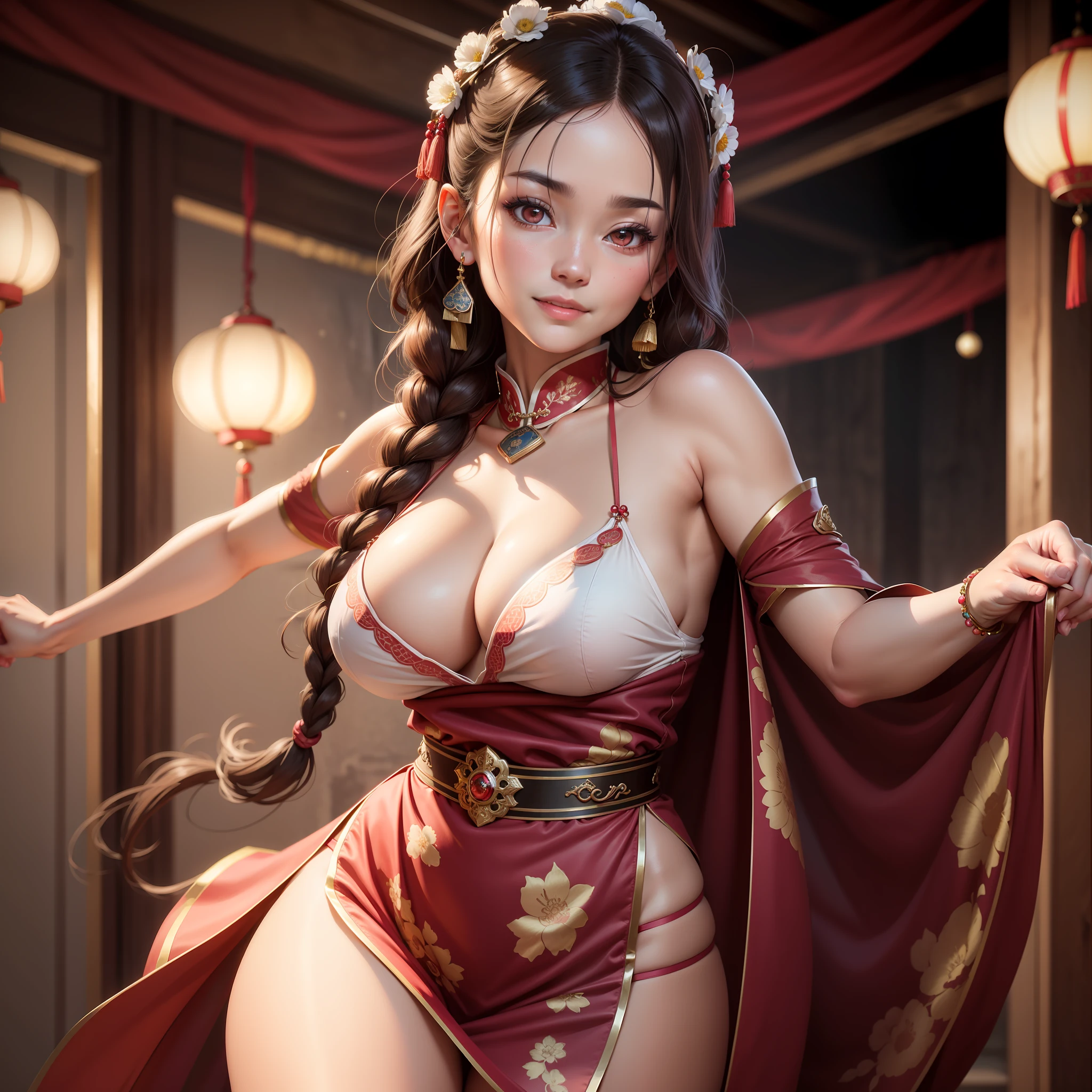 Best quality, Masterpiece,Upper body, loft, theater stage,1 girl, Mature woman, Chinese style, Ancient China, sister, Dancer, Smile, brunette color hair, Princess cut, Fried dough twisted braid, Coiled hair, Double ball head,Streamers，huge boob, Light pink lips, calm, Intellectual, Red eyes, nipple tassels, Silver, Beads, Flowers, offcial dress, capes, Silk skirt, Embroidery, Fine face, facial closeups, Close-up of the hand,Colorful clothes,Beautiful face,Photorealistic, rim lit, twotonelighting,(highdetailskin:1.2), 8K  UHD, Digital SLR, Soft lighting, High quality, voluminetric lighting, photographed, high resolution, 4K, 8K, Bokeh