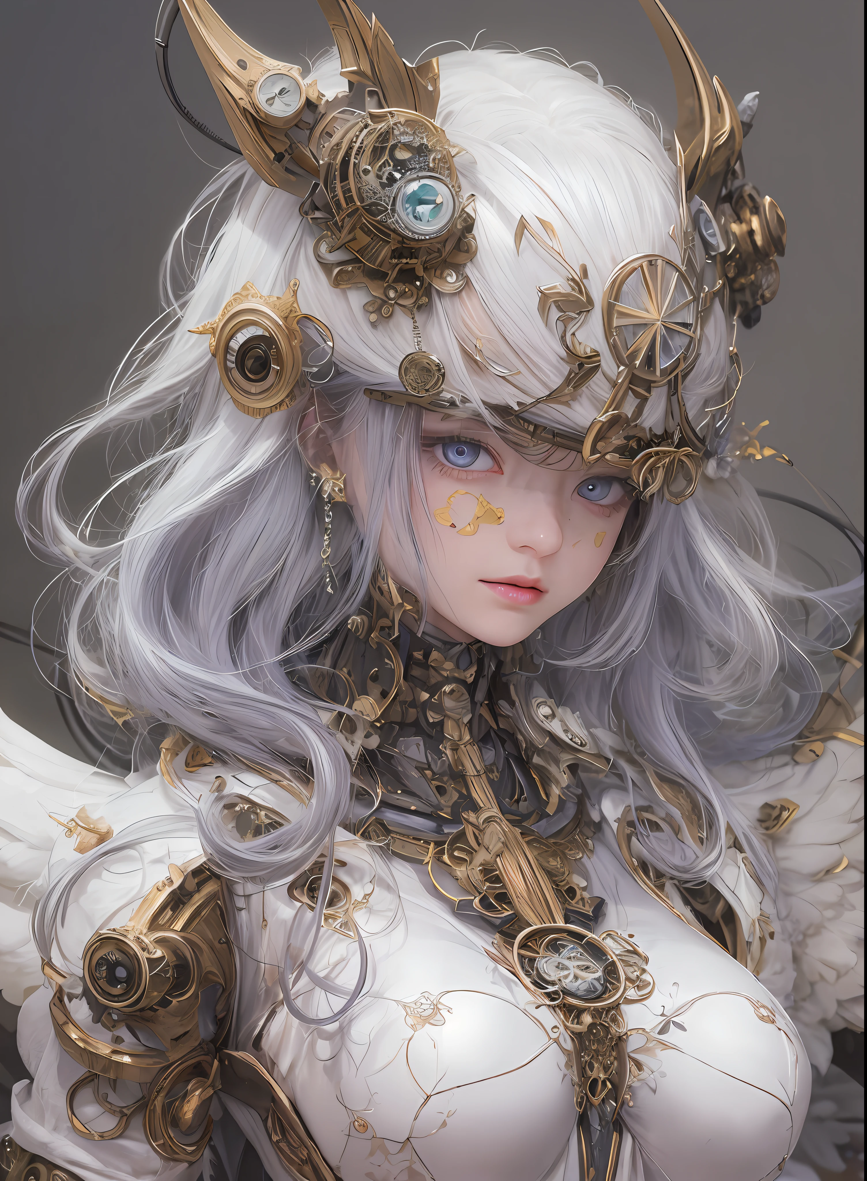 top-quality、masterpiece、超A high resolution、(Photorealsitic:1.4)、Raw photo、女の子1人、Black hair、glowy skin、1. Steampunk Battle Angel、large metal wings、Shining Angel Circle、((super realistic details))、portlate、globalillumination、Shadow、octan render、8K、ultrasharp、Colossal tits、Raw skin is exposed in cleavage、White porcelain body、Details of complex ornaments、About steampunk、Glowing LEDs、Hydraulic cylinder、highly intricate detail、Realistic light、a purple eye、radiant eyes、Facing the camera、neon details、Mechanical limbs、blood vessels connected to tubes、Mechanical vertebrae attached to the back、mechanical cervical attaching to neck、cowboy shot、Wires and cables connecting to the head、Luminous tube、Small LED lamp、Sumerian details、