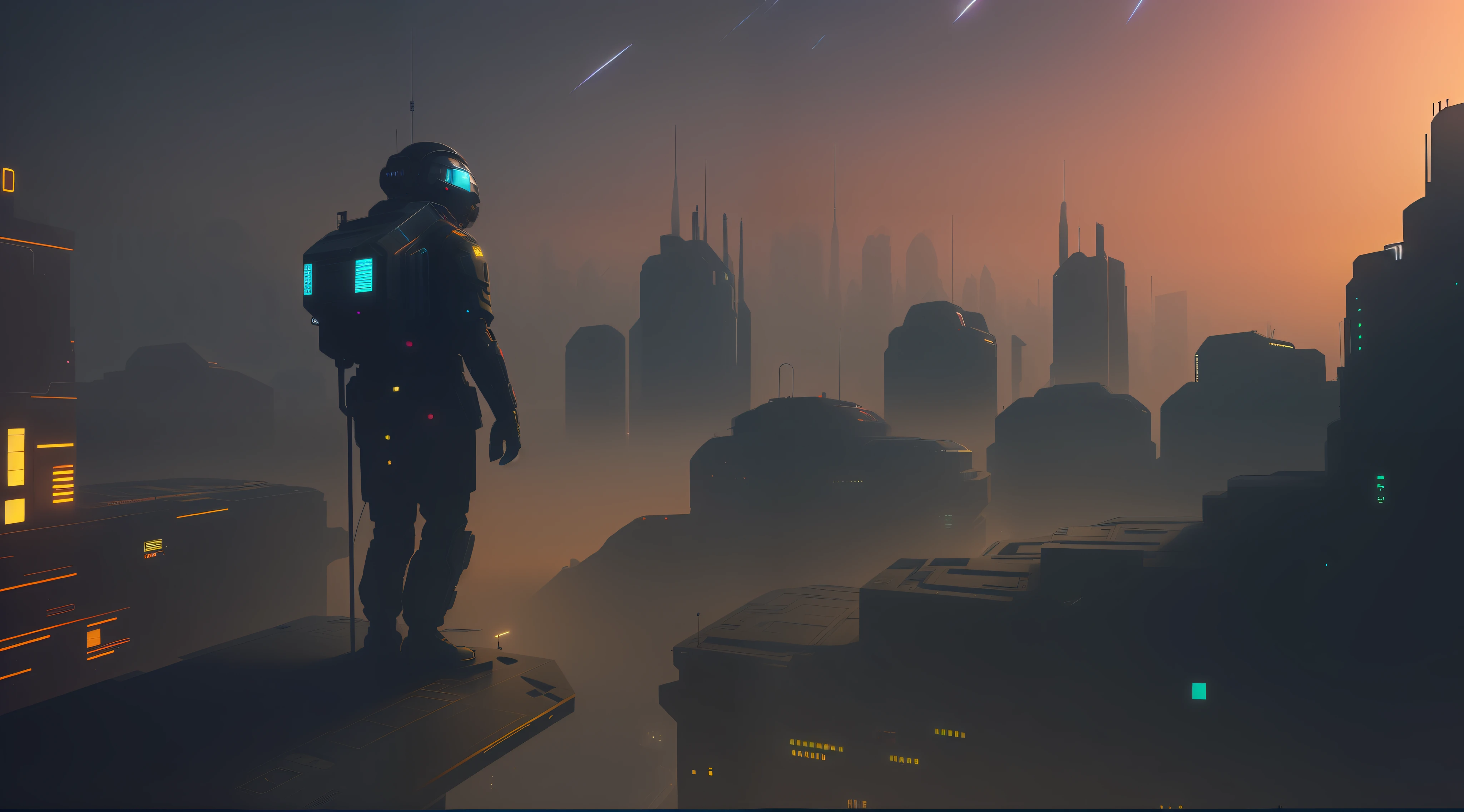Cidade futuristica，A man stands on a platform in the middle of the night, science fiction digital painting, science fiction digital painting, 3 d render beeple, arstation and beeple highly, Concept art wallpaper 4K, concept art 8 k, Dark science fiction art, cyberpunk city in the distance, greg beeple, Science-fi digital art illustration，Future military uniform