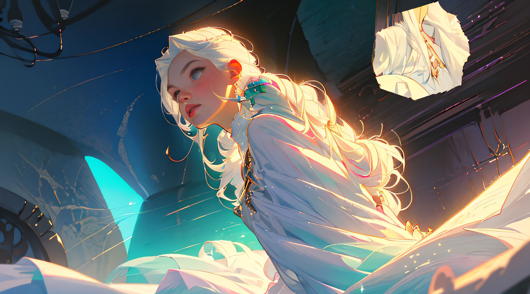 inside in room（cellar），one-girl（Perfect facial features，The skin is as white as snow，blushed skin，full of sweat，grieves，Silvery-white hair，sitted）Ultra high quality