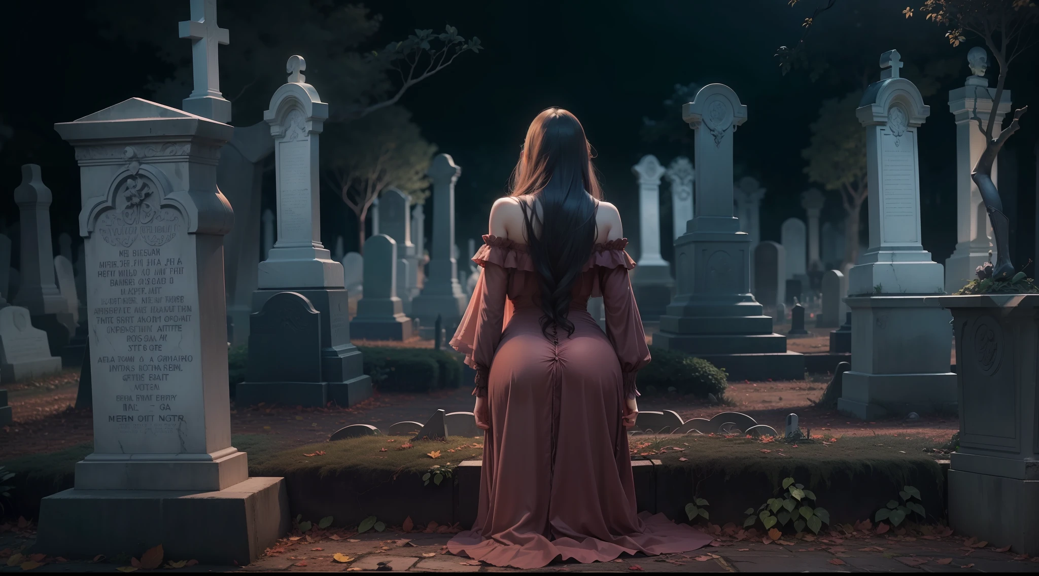 A sinister and stunning cemetery, Lua cheia, de noite, Ghosts of sexy women come out of graves, corpo inteiro, anatomia perfeita, perfect composition, cena de terror assustadora, nevoeiro, cores pasteis, 4k