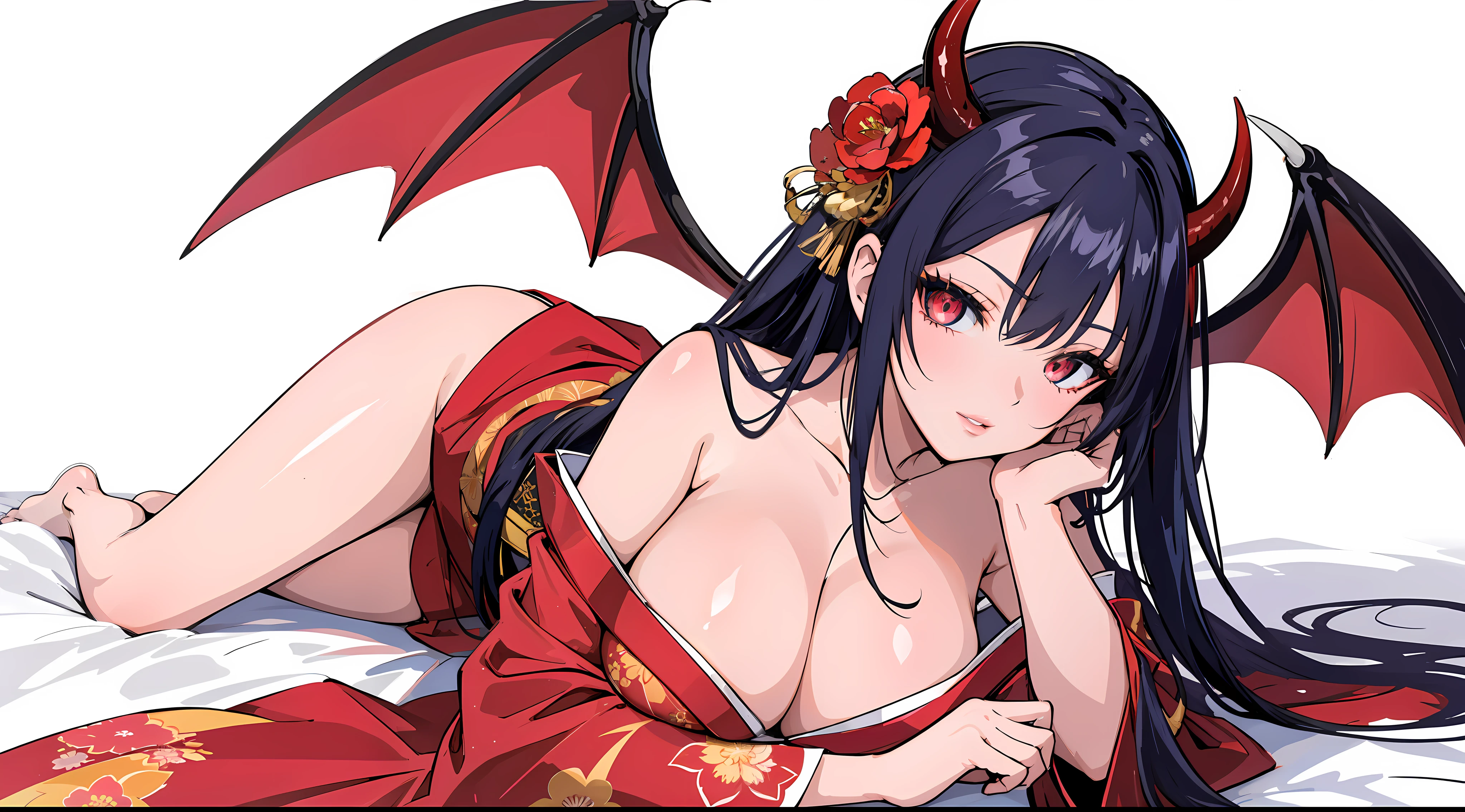 anime girl with horns and red glowing eyes, seductive look, oppai, red kimono with flower pattern, large breasts, succubus, anime moe artstyle, white background, only character, red long hair
woman, EdobSuccubus, EdobSuccubusRed,
full body shot, lying on its side towards the viewer, looking at viewer,
ultra detailed, perfect eyes, perfect hair, perfect body, perfect body parts, perfect fingers, perfect hands, perfect face, perfect lips, detailed coloring