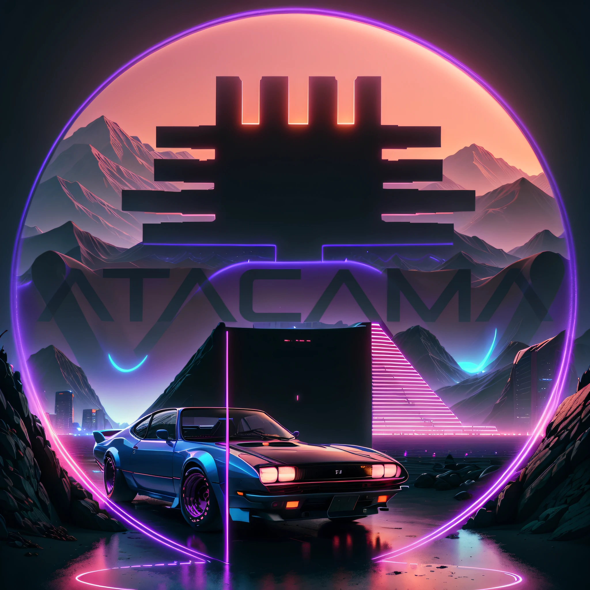 retrowave. city, 1969 Nissan S30, wide body kit, road,  purple neon lights, sun, mountain, 
(masterpiece,detailed,highres),