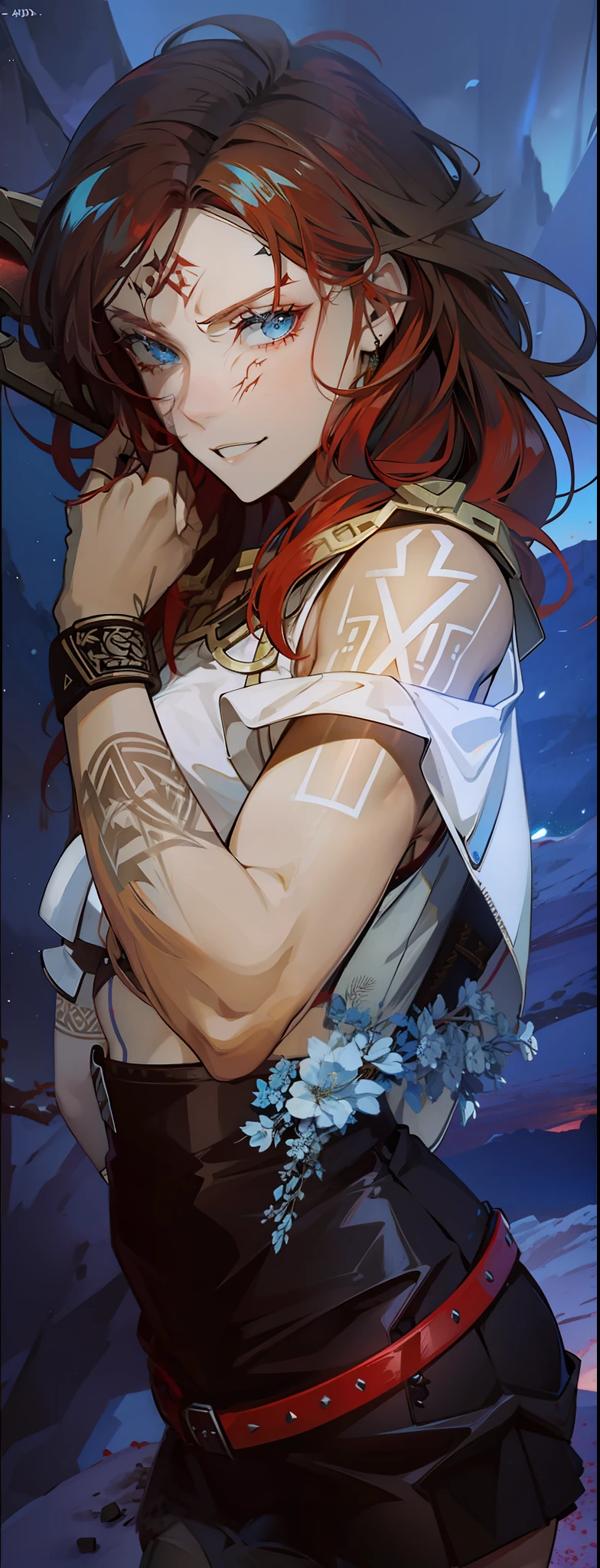 Boadicea, red-haired Viking warrior with Nordic armor and rune tattoos on her body and blooming blue eyes holding an axe, 4k