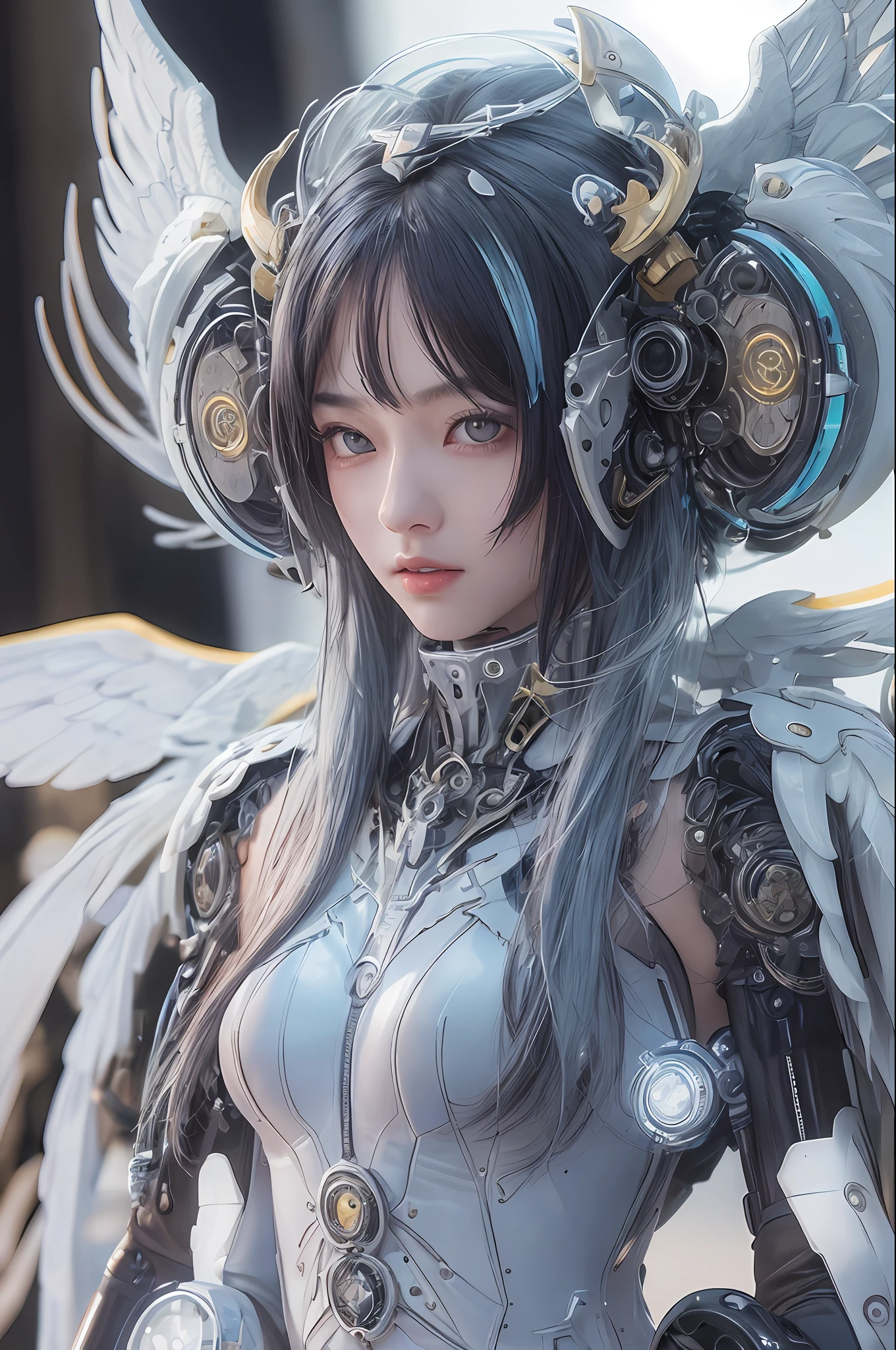 top-quality、masterpiece、超A high resolution、(Photorealsitic:1.4)、Raw photo、1人、Black hair、glowy skin、1 Mechanical Angel、large metal wings、Shining Angel Circle、((super realistic details))、portlate、globalillumination、Shadow、octan render、8K、ultrasharp、Colossal tits、Raw skin is exposed in cleavage、White porcelain body、Details of complex ornaments、About Cyberpunk、Glowing LEDs、IC chips、Base、Data Links、Hydraulic cylinder、highly intricate detail、Realistic light、a purple eye、radiant eyes、Facing the camera、neon details、Mechanical limbs、blood vessels connected to tubes、Mechanical vertebrae attached to the back、mechanical cervical attaching to neck、cowboy shot、Wires and cables connecting to the head、Luminous tube、Small LED lamp、Sumerian details、