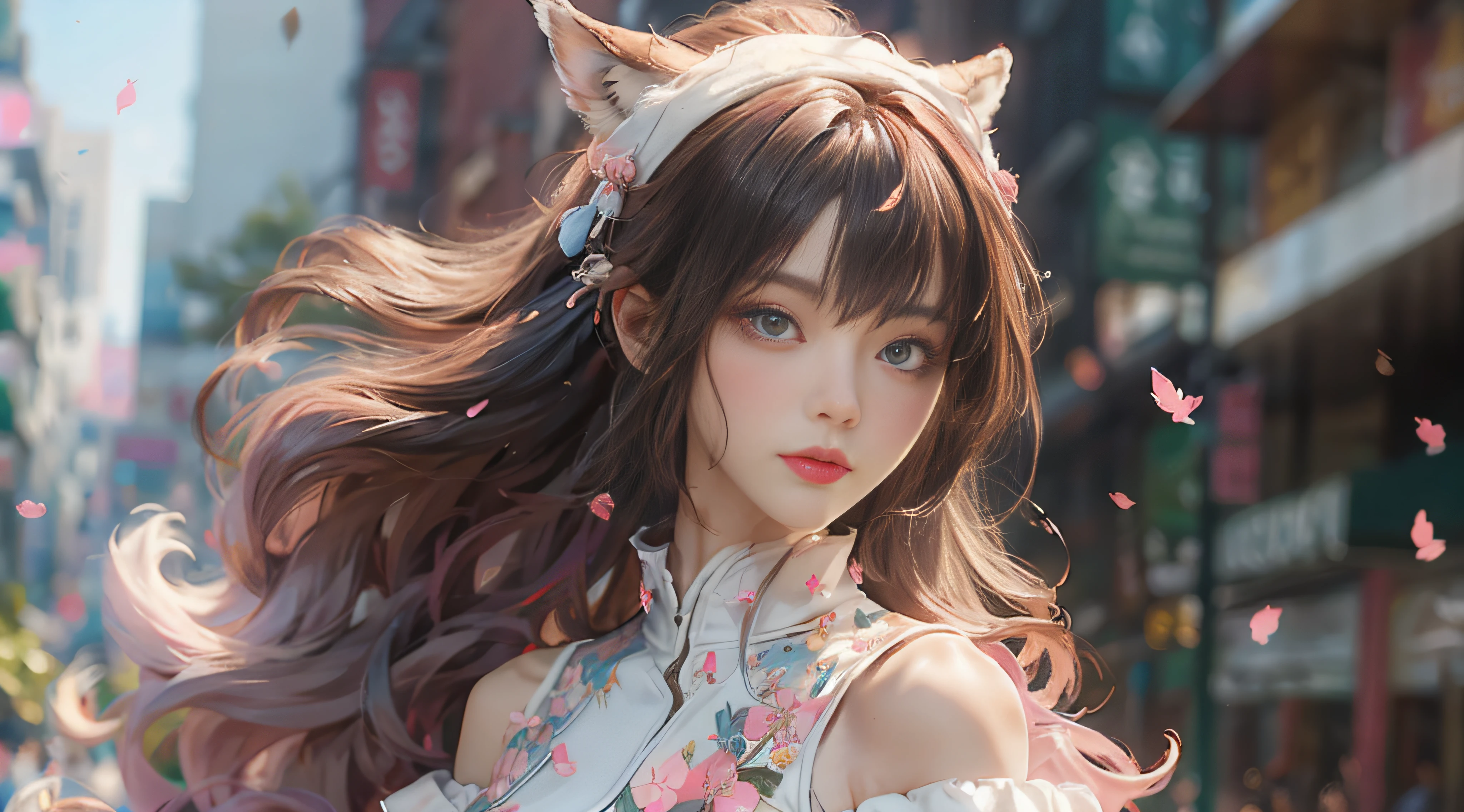 ((best qualtiy)), ((tmasterpiece)), (detail:1.4), Beautiful cyberpunk female images,hdr(HighDynamicRange),Ray traching,NVIDIA RTX,Hyper-Resolution,illusory 5,sub surface scattering,PBR textures,post-proces,Anisotropy Filtering,depth of fields,maximum definition and sharpness,Many-Layer Textures,Albedo e mapas Speculares,Surface coloring,Mitsu-Accurate simulation of material interactions,perfectly proportioned,rendering by octane,Two-colored light,largeaperture,Low ISO,White balance,Rule three points、8K raw data、Beautiful bright blue pupils,off-the-shoulder clothes,Fine pupils,Delicate face and eyes,long eyelasher,Blushlush,Delicate and fluffy hair,pink lip,Pure,Cute face,Sweet girl,Artistic sense,Casual wear,Advancedsense,butterflys,Cherry blossom petal,Beautiful hair accessories,Long hair and waist,Hair fluttering in the wind,Snow-white fox ears,curlies,Snow-white fluffy tail