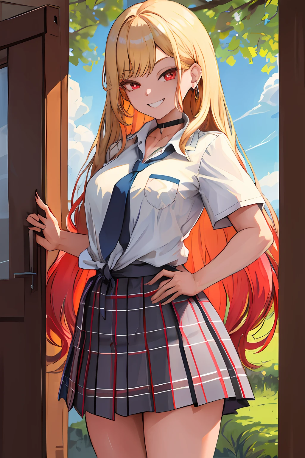 masterpiece, best quality, highres, kitagawa marin, 1girl, blonde hair, long hair, multicolored hair, red eyes, jewelry, earrings, piercing, school uniform, white shirt, tied shirt, black choker, blue necktie, plaid skirt, grin, smile, standing, cowboy shot, outdoors,