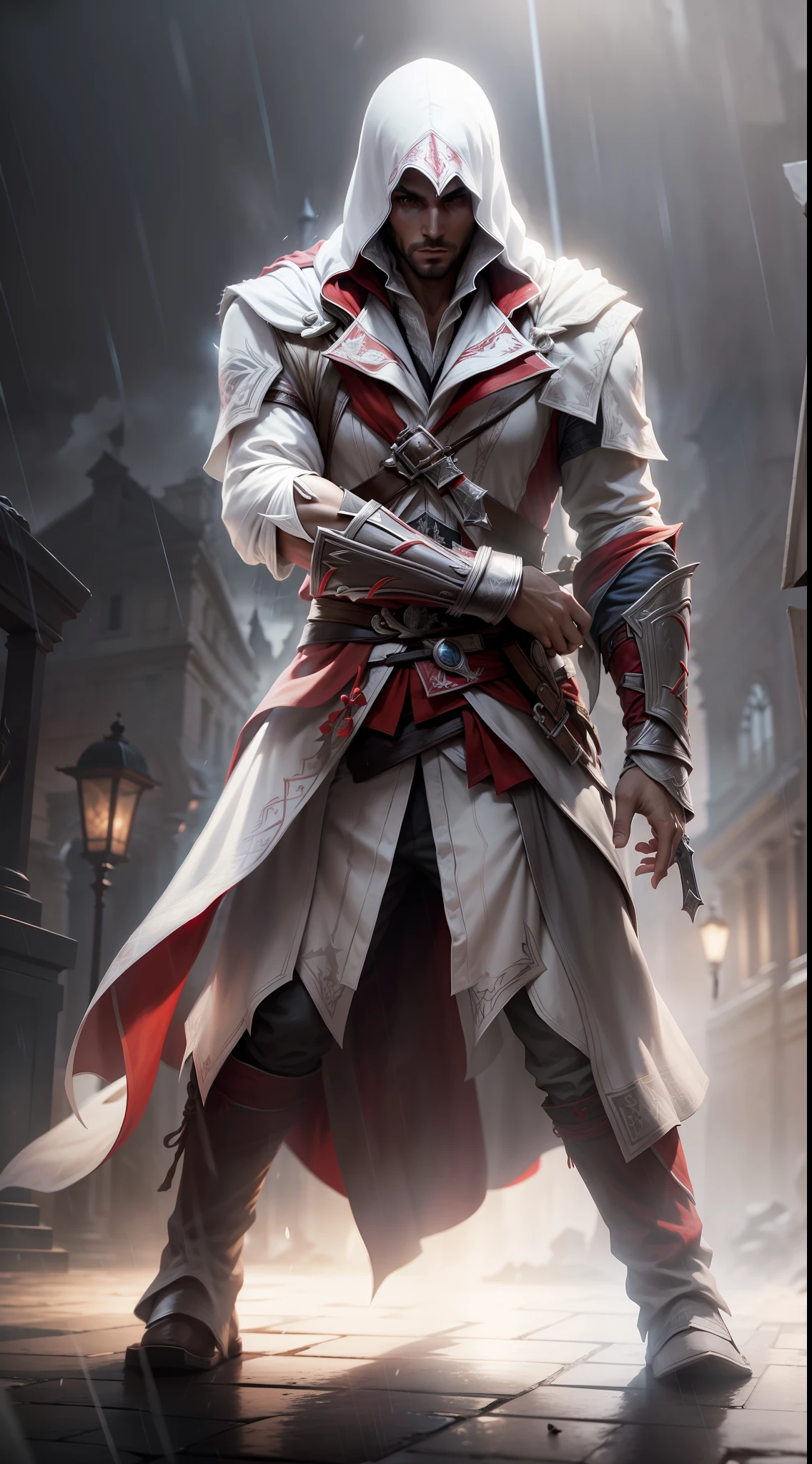 Ezio Auditore, Assassins Creed, white assassin robe, hidden blades, full body, rain, Roma, tearing up, Renaissance, god rays, ray tracing, dutch angle, atmospheric perspective, atmospheric perspective, masterpiece, UHD, ccurate, high details