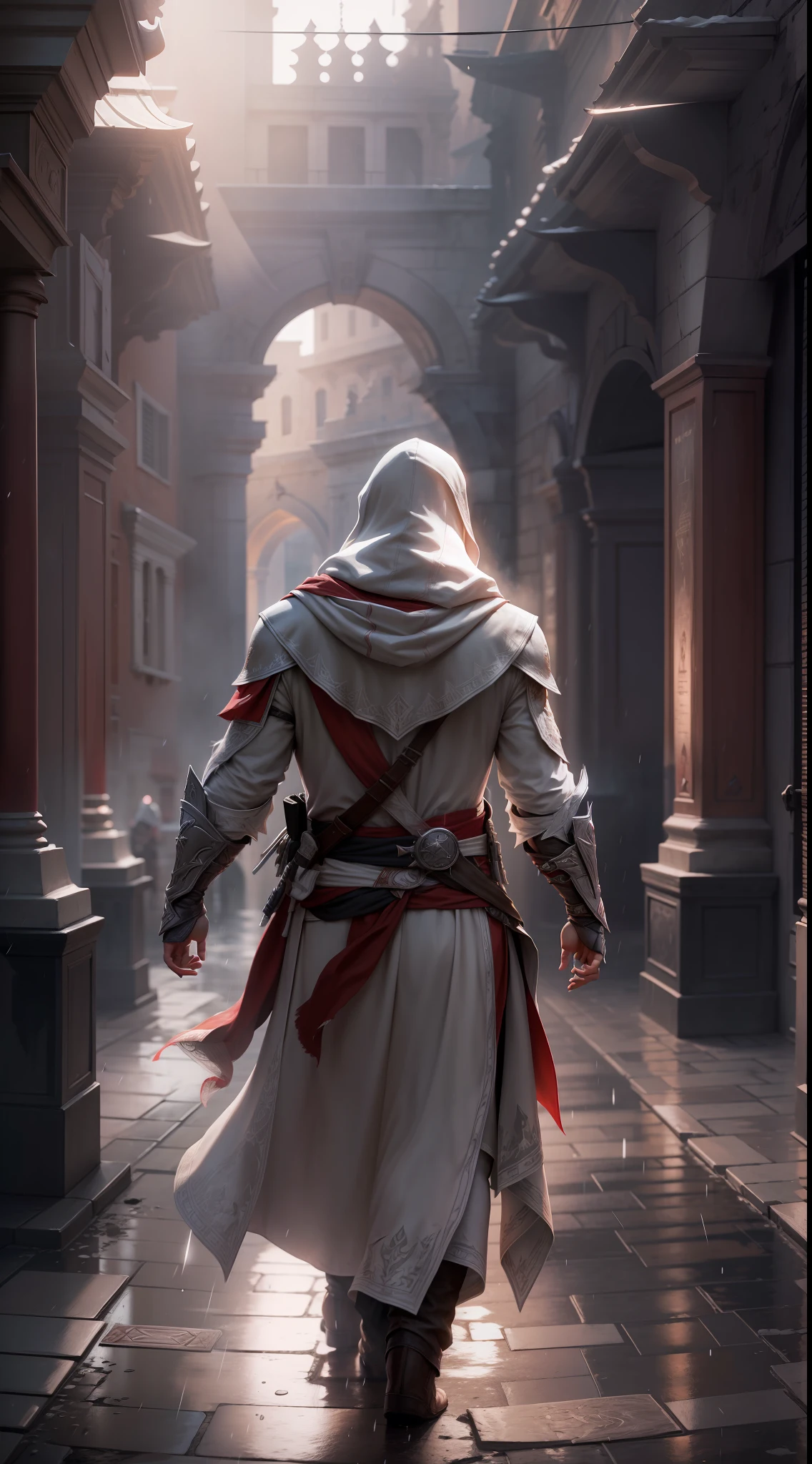 Ezio Auditore, Assassins Creed, white assassin robe, hidden blades, full body, rain, Roma, tearing up, Renaissance, god rays, ray tracing, dutch angle, atmospheric perspective, atmospheric perspective, masterpiece, UHD, ccurate, high details