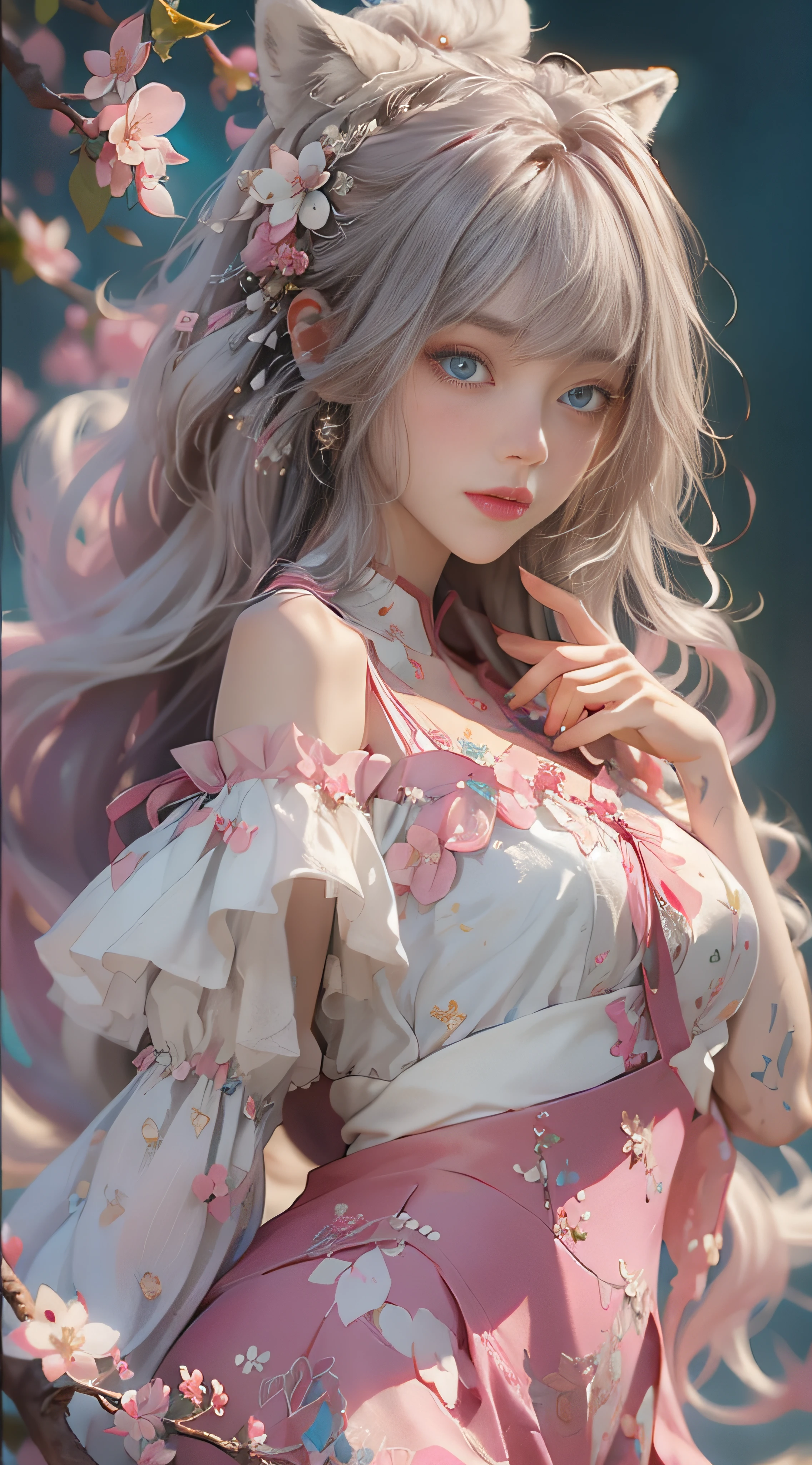 ((best qualtiy)), ((tmasterpiece)), (detail:1.4), Beautiful cyberpunk female images,hdr(HighDynamicRange),Ray traching,NVIDIA RTX,Hyper-Resolution,illusory 5,sub surface scattering,PBR textures,post-proces,Anisotropy Filtering,depth of fields,maximum definition and sharpness,Many-Layer Textures,Albedo e mapas Speculares,Surface coloring,Mitsu-Accurate simulation of material interactions,perfectly proportioned,rendering by octane,Two-colored light,largeaperture,Low ISO,White balance,Rule three points、8K raw data、Beautiful bright blue pupils,off-the-shoulder clothes,Fine pupils,Delicate face and eyes,long eyelasher,Blushlush,Delicate and fluffy hair,pink lip,Pure,Cute face,Sweet girl,Artistic sense,Casual wear,Advancedsense,butterflys,Cherry blossom petal,Beautiful hair accessories,Long hair and waist,Hair fluttering in the wind,Snow-white fox ears,curlies,Lots of white and pink,Complicated details