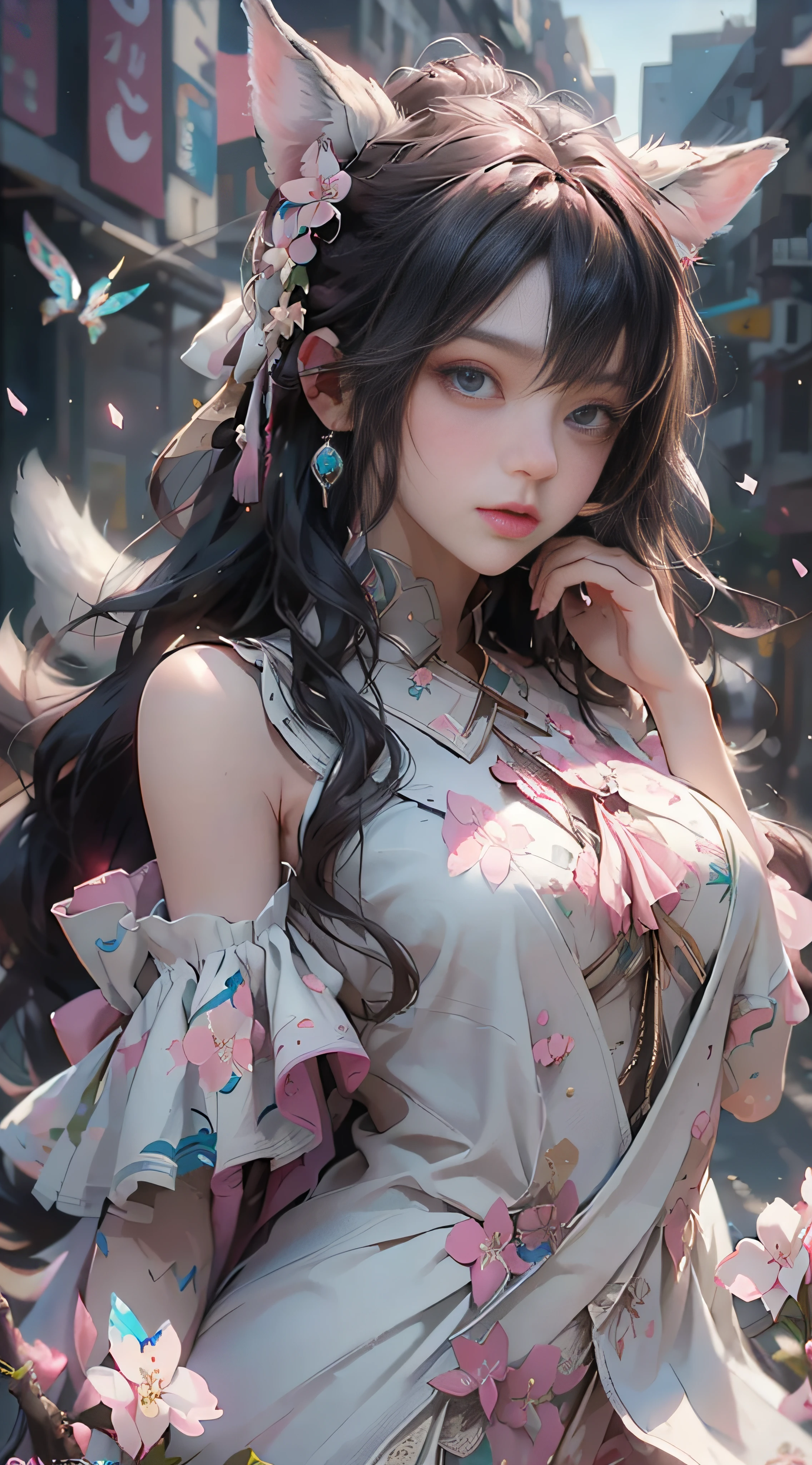 （（best qualtiy））， （（tmasterpiece））， （detail：1.4）， Beautiful cyberpunk female images，hdr（HighDynamicRange），Ray traching，NVIDIA RTX，Hyper-Resolution，illusory 5，sub surface scattering，PBR textures，post-proces，Anisotropy Filtering，depth of fields，maximum definition and sharpness，Many-Layer Textures，Albedo e mapas Speculares，Surface coloring，Mitsu-Accurate simulation of material interactions，perfectly proportioned，rendering by octane，Two-colored light，largeaperture，Low ISO，White balance，Rule three points、8K raw data、Beautiful bright blue pupils，off-the-shoulder clothes，Fine pupils，Delicate face and eyes，long eyelasher，Blushlush，Delicate and fluffy hair，pink lip，Pure，Cute face，Sweet girl，Artistic sense，Casual wear，Advancedsense，butterflys，Cherry blossom petal，Beautiful hair accessories，Long hair and waist，Hair fluttering in the wind，Snow-white fox ears，curlies，Lots of white and pink，Complicated details