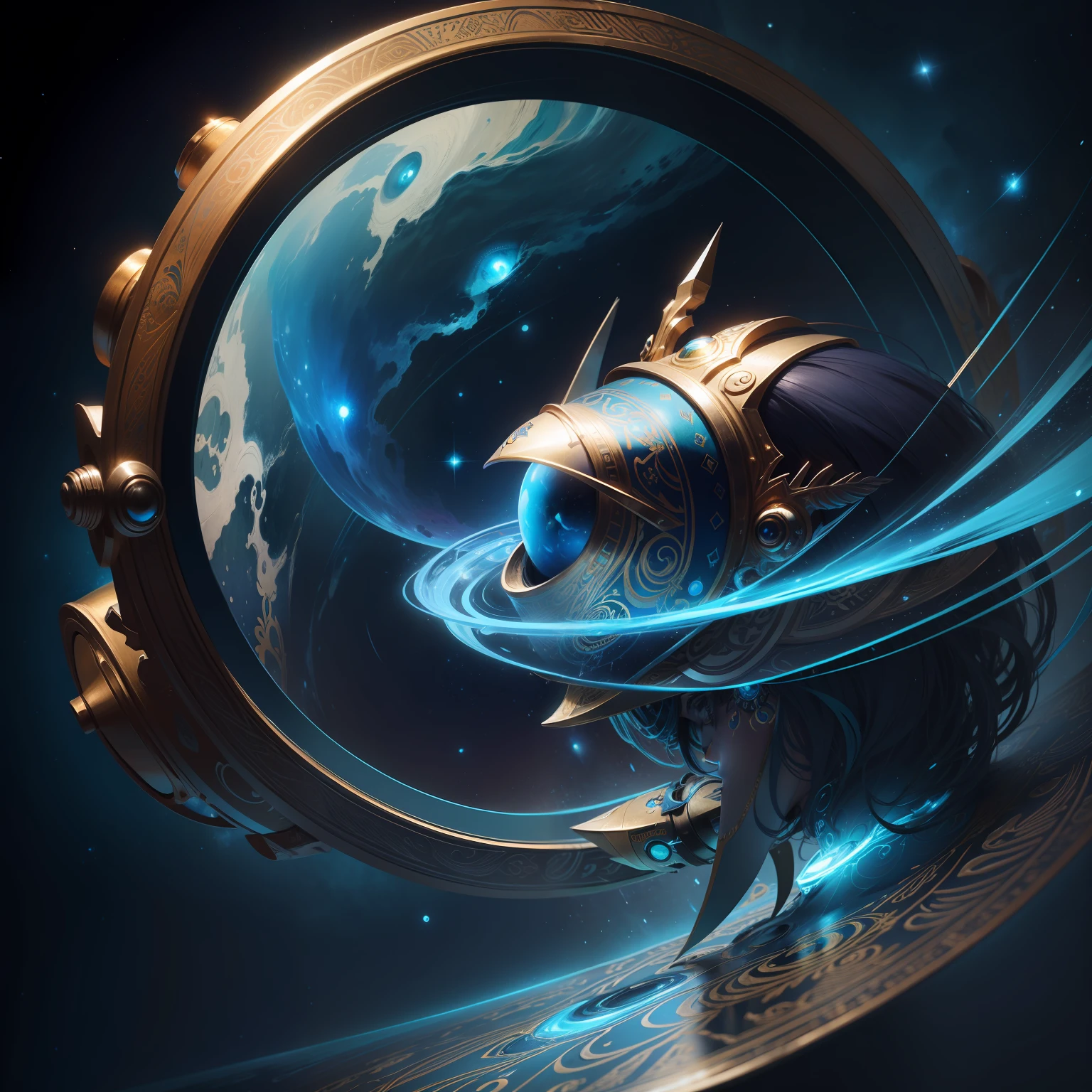 crie um olho de horus egipcio  metalico futurista azul e prateado flutuando no cosmos