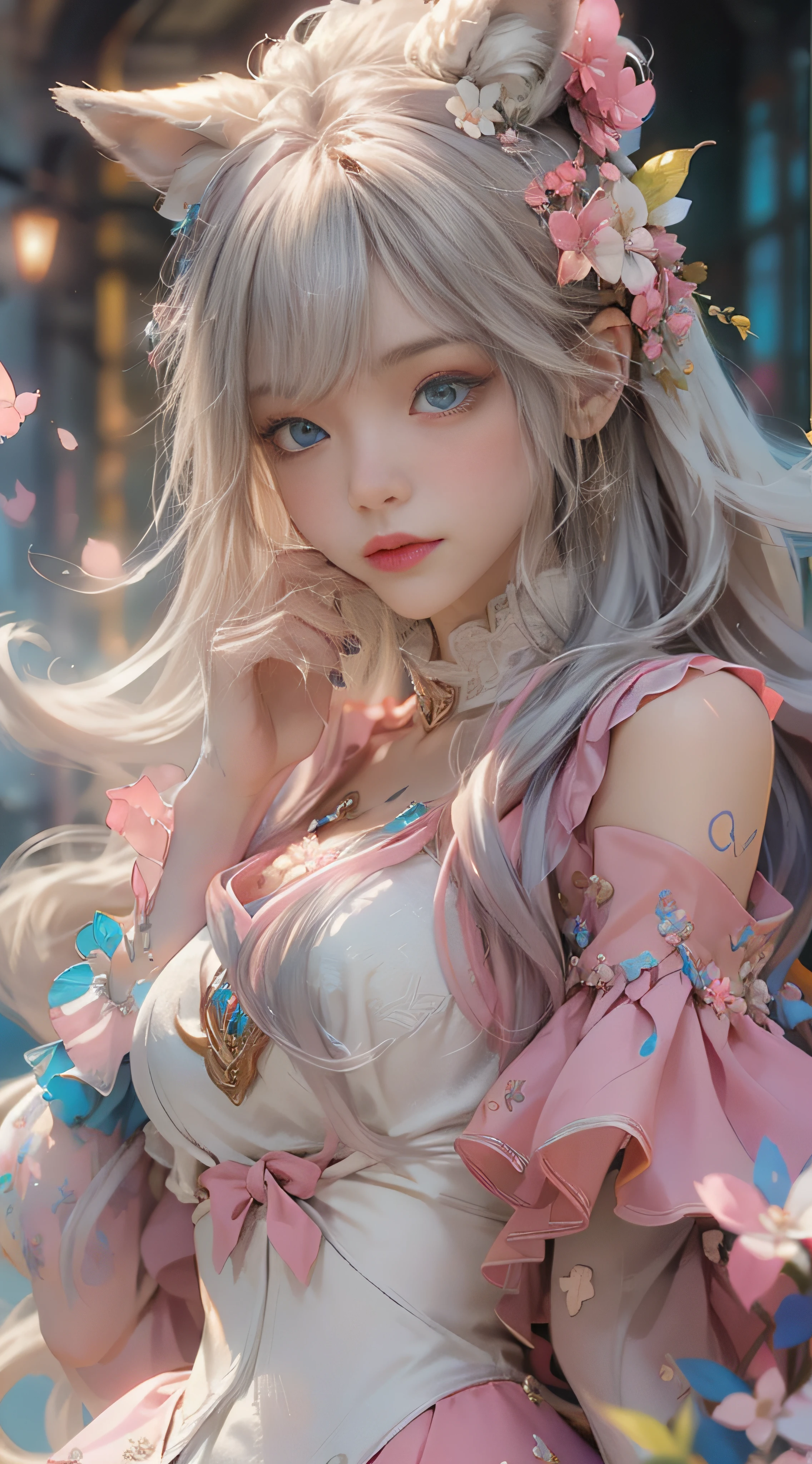 ((best qualtiy)), ((tmasterpiece)), (detail:1.4), Beautiful cyberpunk female images,hdr(HighDynamicRange),Ray traching,NVIDIA RTX,Hyper-Resolution,illusory 5,sub surface scattering,PBR textures,post-proces,Anisotropy Filtering,depth of fields,maximum definition and sharpness,Many-Layer Textures,Albedo e mapas Speculares,Surface coloring,Mitsu-Accurate simulation of material interactions,perfectly proportioned,rendering by octane,Two-colored light,largeaperture,Low ISO,White balance,Rule three points、8K raw data、Beautiful bright blue pupils,off-the-shoulder clothes,Fine pupils,Delicate face and eyes,long eyelasher,Blushlush,Delicate and fluffy hair,pink lip,Pure,Cute face,Sweet girl,Artistic sense,Casual wear,Advancedsense,butterflys,Cherry blossom petal,Beautiful hair accessories,Long hair and waist,Hair fluttering in the wind,Snow-white fox ears,curlies,Lots of white and pink,Complicated details