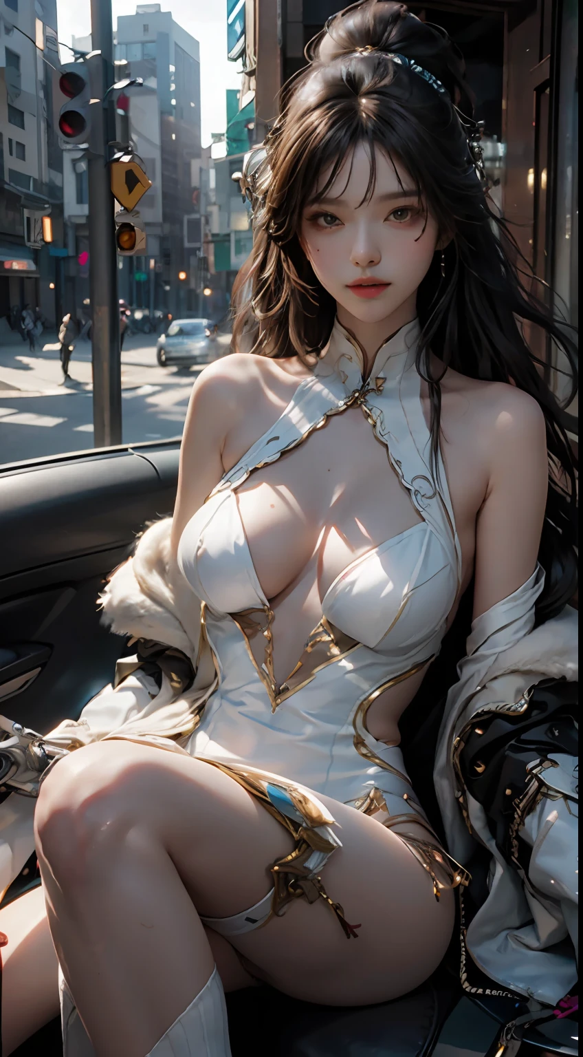 Highest image quality,Outstanding details,超高分辨率,(fidelity:1.4),The best illustration,Favor the details,Highly cohesive 1girl,He has a delicate and beautiful face,Human real skin texture,Dressed in a white-pink mech,wearing a mech helmet,Hold the direction controller,Riding on a motorcycle,Legs exposed,Wear black socks on your legs,The background is a high-tech lighting scene in the future city。