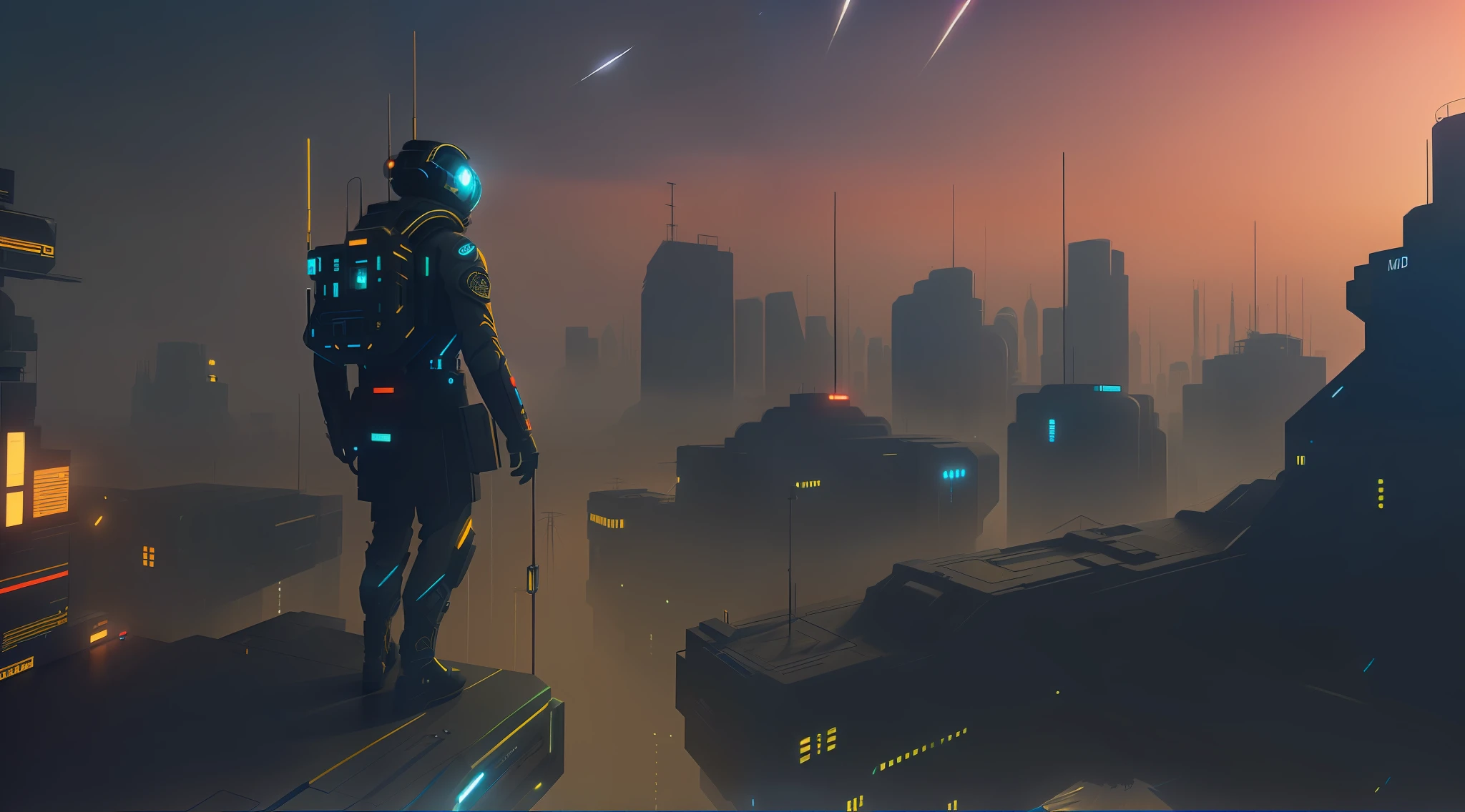 Cidade futuristica,A man stands on a platform in the middle of the night, science fiction digital painting, science fiction digital painting, 3 d render beeple, arstation and beeple highly, Concept art wallpaper 4K, concept art 8 k, Dark science fiction art, cyberpunk city in the distance, greg beeple, Science-fi digital art illustration,Military uniforms of the future