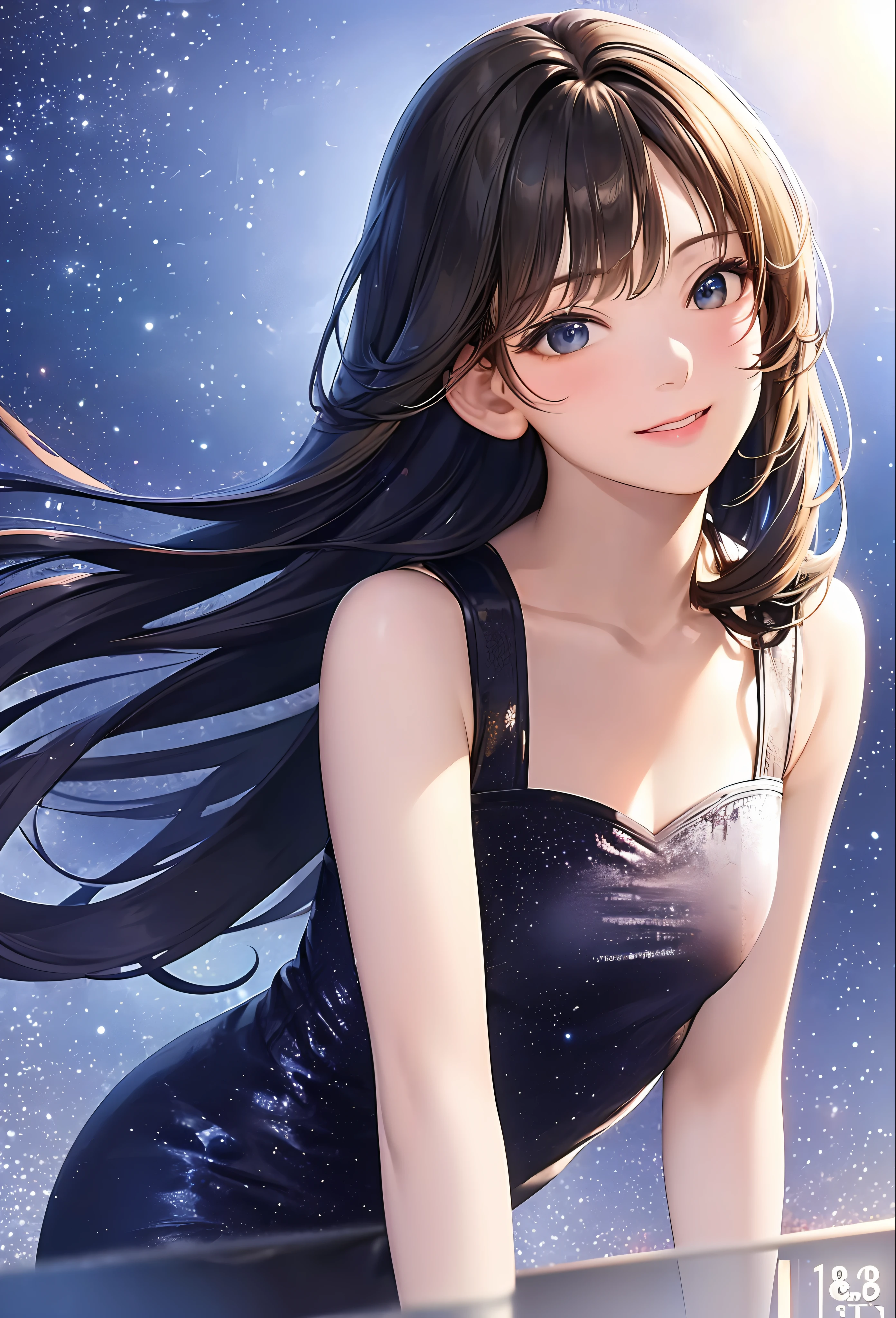 (8k, top quality, masterpiece: 1.2), (realistic, photorealistic: 1.37), super detailed, girl single, cute, solo, midnight, beautiful detailed sky, detailed café, sitting, date, (blush), (smile: 1.15), small breasts (mouth closed), beautiful fine eyes, floating hair NovaFrogStyle, back open dress