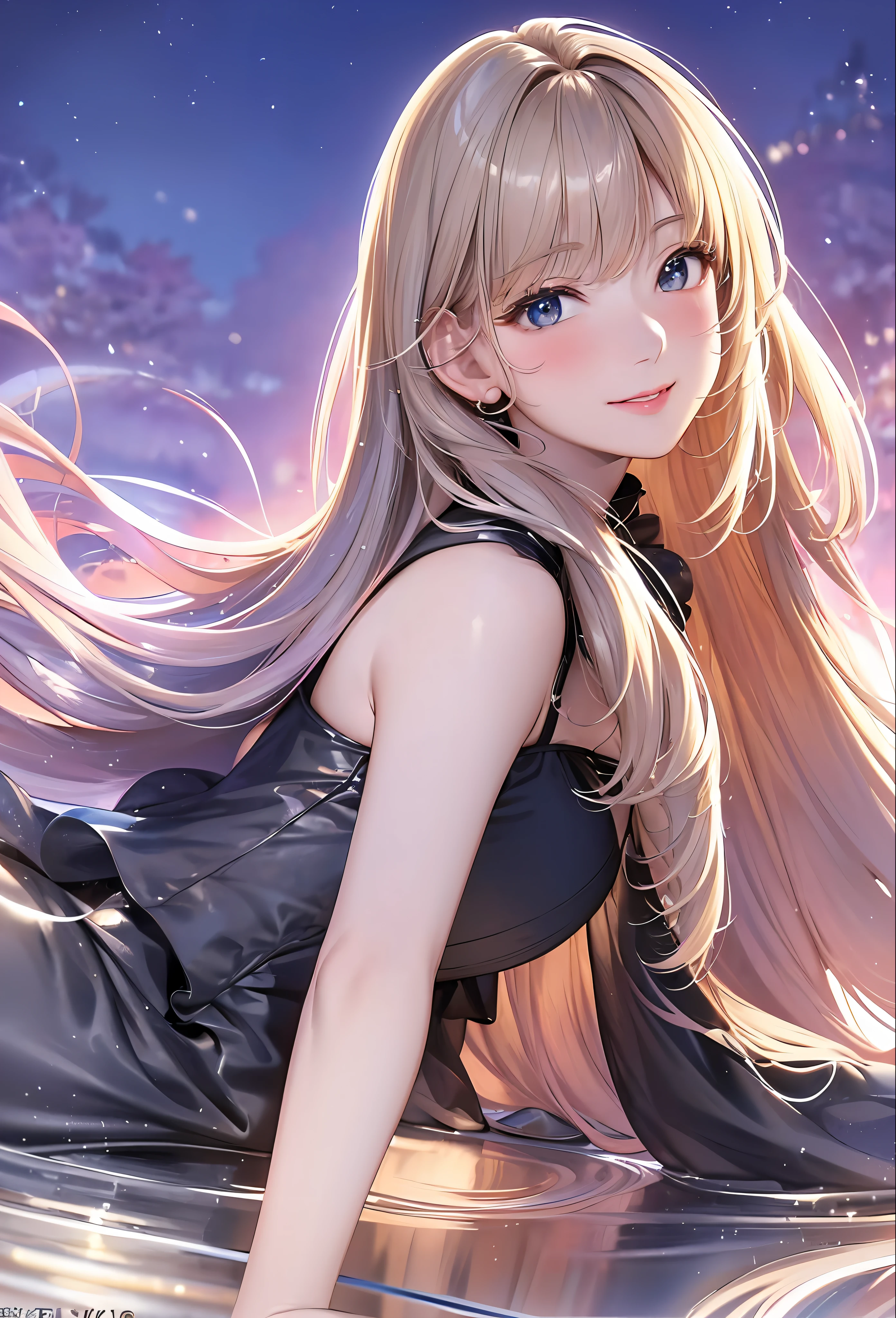 (8k, top quality, masterpiece: 1.2), (realistic, photorealistic: 1.37), super detailed, girl single, cute, solo, midnight, beautiful detailed sky, detailed café, sitting, date, (blush), (smile: 1.15), small breasts (mouth closed), beautiful fine eyes, floating hair NovaFrogStyle, back open dress