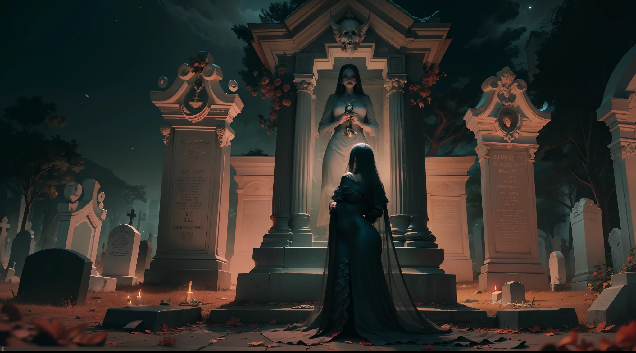 A sinister and stunning cemetery, pegue a chave, de noite, Ghosts of sexy women come out of graves, corpo inteiro, anatomia perfeita, perfect composition, cena de terror assustadora, nevoeiro, cores pasteis, 4k