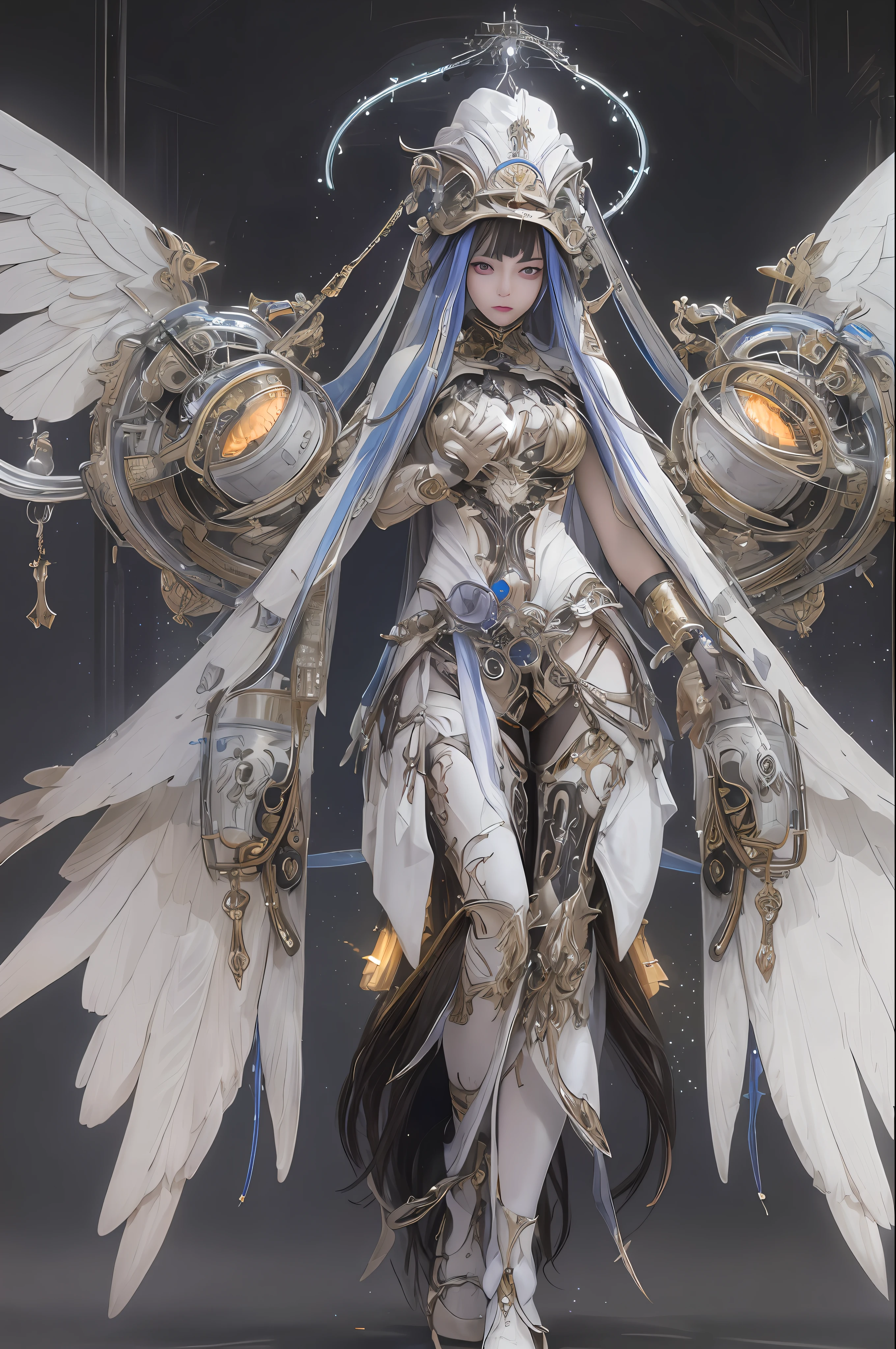 top-quality、masterpiece、超A high resolution、(Photorealsitic:1.4)、Raw photo、1人、Black hair、glowy skin、1 Mechanical Angel、large metal wings、Shining Angel Circle、((super realistic details))、portlate、globalillumination、Shadow、octan render、8K、ultrasharp、Colossal tits、Raw skin is exposed in cleavage、White porcelain body、Details of complex ornaments、About Cyberpunk、Glowing LEDs、IC chips、Base、Data Links、Hydraulic cylinder、highly intricate detail、Realistic light、a purple eye、radiant eyes、Facing the camera、neon details、Mechanical limbs、blood vessels connected to tubes、Mechanical vertebrae attached to the back、mechanical cervical attaching to neck、cowboy shot、Wires and cables connecting to the head、Luminous tube、Small LED lamp、Sumerian details、