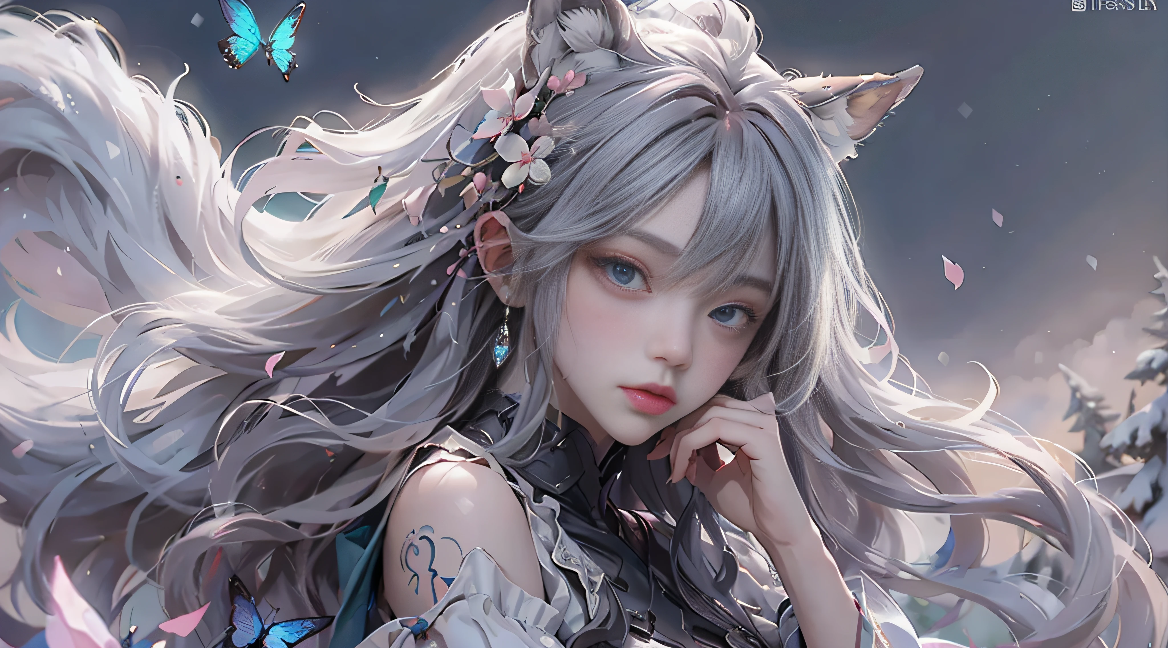 （（best qualtiy））， （（tmasterpiece））， （detail：1.4）， Beautiful cyberpunk female images，hdr（HighDynamicRange），Ray traching，NVIDIA RTX，Hyper-Resolution，illusory 5，sub surface scattering，PBR textures，post-proces，Anisotropy Filtering，depth of fields，maximum definition and sharpness，Many-Layer Textures，Albedo e mapas Speculares，Surface coloring，Mitsu-Accurate simulation of material interactions，perfectly proportioned，rendering by octane，Two-colored light，largeaperture，Low ISO，White balance，Rule three points、8K raw data、Beautiful bright blue pupils，off-the-shoulder clothes，Fine pupils，Delicate face and eyes，long eyelasher，Blushlush，Delicate and fluffy hair，pink lip，Pure，Cute face，Sweet girl，Artistic sense，Casual wear，Advancedsense，butterflys，Cherry blossom petal，Beautiful hair accessories，Long hair and waist，Hair fluttering in the wind，Snow-white fox ears，curlies，Snow-white fluffy tail