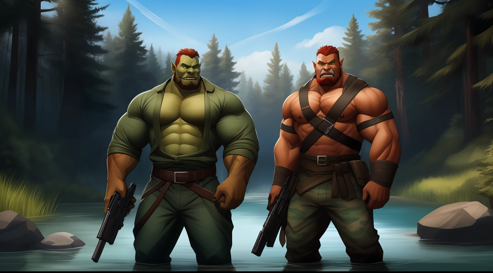 A red-haired wolf orc in costume,Wolf face,Expose muscles,male people,The body is very strong,camouflage pants,serious,Wears a dark green belt around his waist,The background is forest,The sky is blue,In the water,Boots wet effect,Holding the gun in both hands