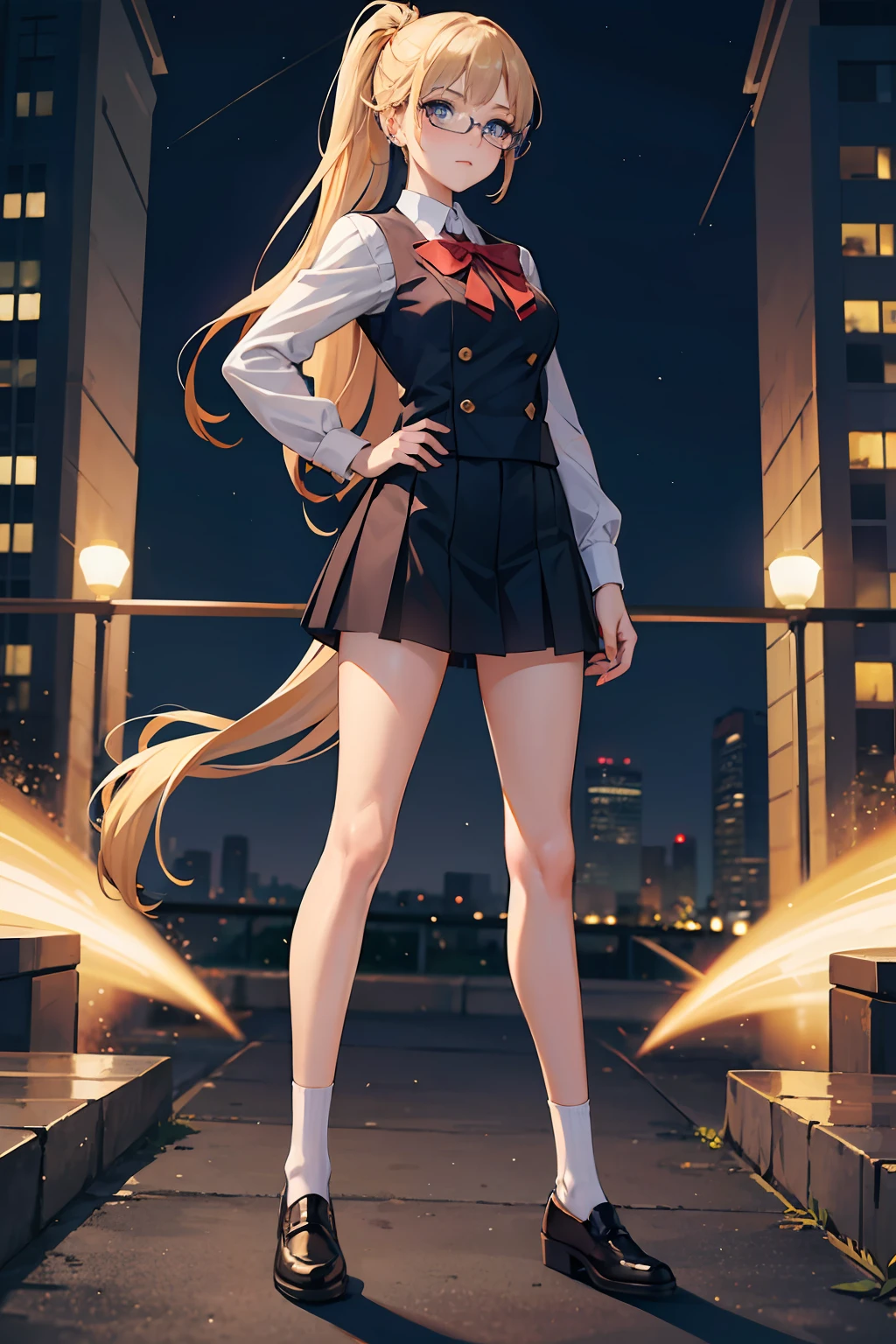 masterpiece, best quality, highres, 1girl, solo, high school uniform, bare legs, looking at viewer, light particles, city backdrop, perfect hands, perfect eyes, perfect legs, perfect arms, perfect fingers, blonde hair, blue eyes, medium breasts, long hair, standing, hands on hip, closed fists, hair down, glasses, ponytail, matching socks, full body,