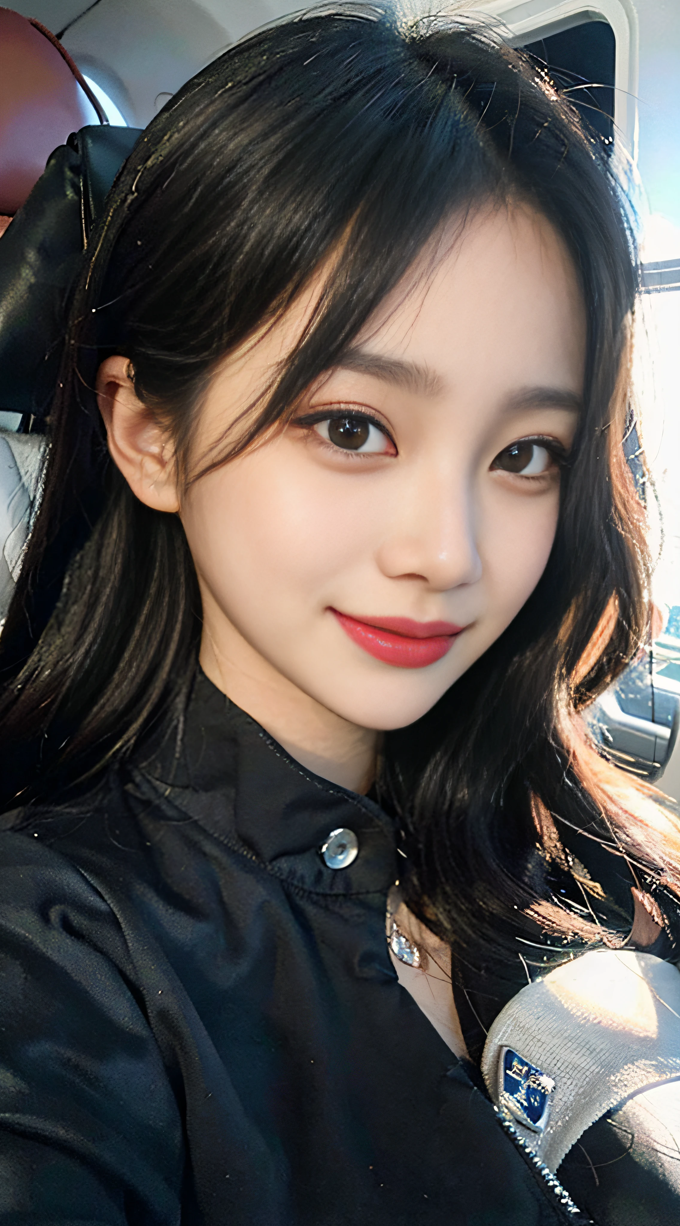 The ultra-detailliert、hight resolution、(realisitic、realisitic:1.4)、8K、(top-quality)、physically-based renderingt、photorealistic photos、Professional color grading、top-quality、A captivating photograph that captures the elegance of the flight attendants standing gracefully in the cabin。This scene is、Face that is、It depicts a well-dressed woman who exudes confidence and professionalism in performing her duties in a black suit。The composition paid close attention to the details of her uniform and accessories。The lighting highlights her features、Emphasizes her calmness and charm。Warm color temperature、Add sophistication to your images。The facial expression shows a warm and friendly attitude