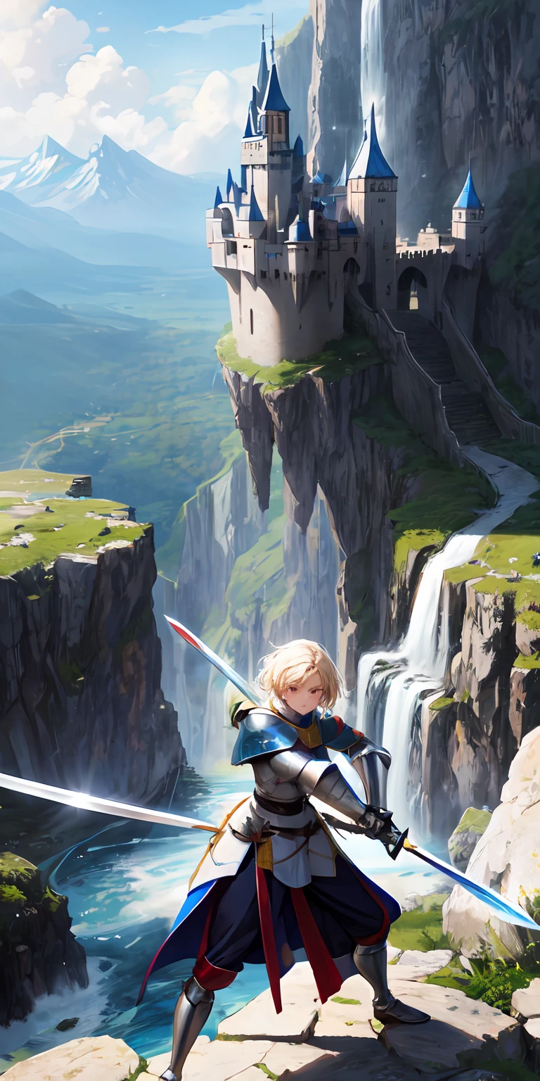 1girl, short blond blue hair, Holy Knight, Shining Shield, Sharp Sword, Fighting Postures, Masterpiece, medieval castle on top of a mountain, waterfall, 1girl, short blond blue hair, Holy Knight, Shining Shield, Sharp Sword, Fighting Postures, Masterpiece, medieval castle on top of a mountain, waterfall