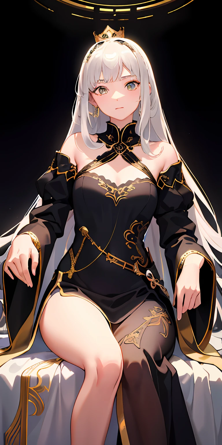 (Masterpiece:1.2), best quality, (illustration:1.2), (ultra-detailed), hyper details, (delicate detailed), (intricate details), (cinematic light, best quality Backlights), clear line, from below, soloist, perfect body, (1girl), white hair and yellow eyes, (emperor, black see-through clothes), (crown: 1.1), sitting on the throne, eyes slightly closed, head down, (shy: 1.2 ), (makeup), high contrast, (best illumination, an extremely create and beautiful), (cinematic light), colorful,