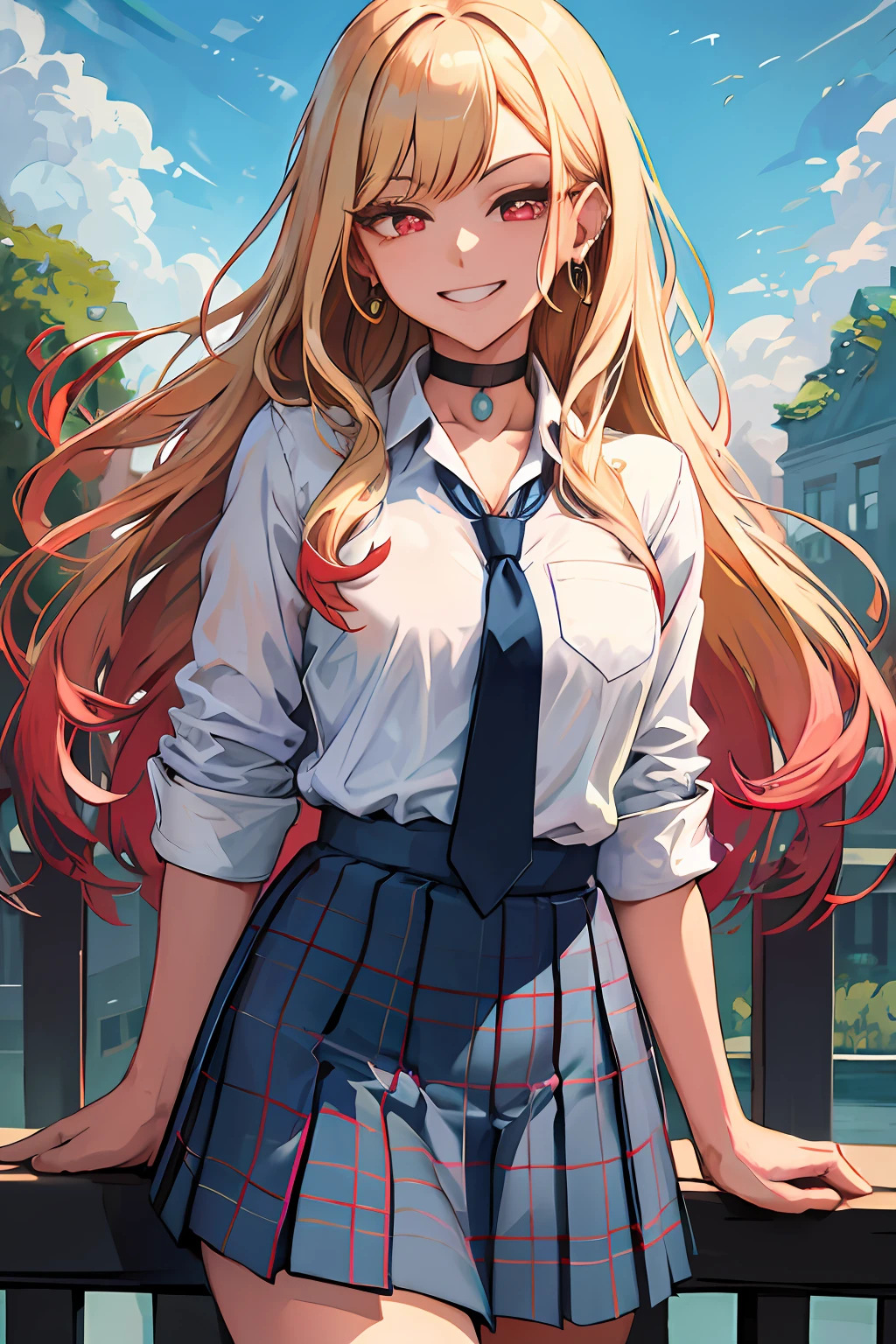 masterpiece, best quality, highres, kitagawa marin, 1girl, blonde hair, long hair, multicolored hair, red eyes, jewelry, earrings, piercing, school uniform, white shirt, tied shirt, black choker, blue necktie, plaid skirt, grin, smile, standing, cowboy shot, outdoors,