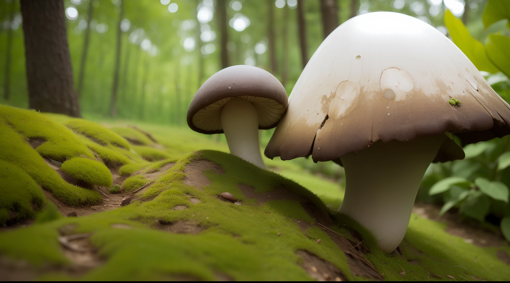 Close-up of a single alien mushroom with three BLUE EYES, en un bosque de color negro