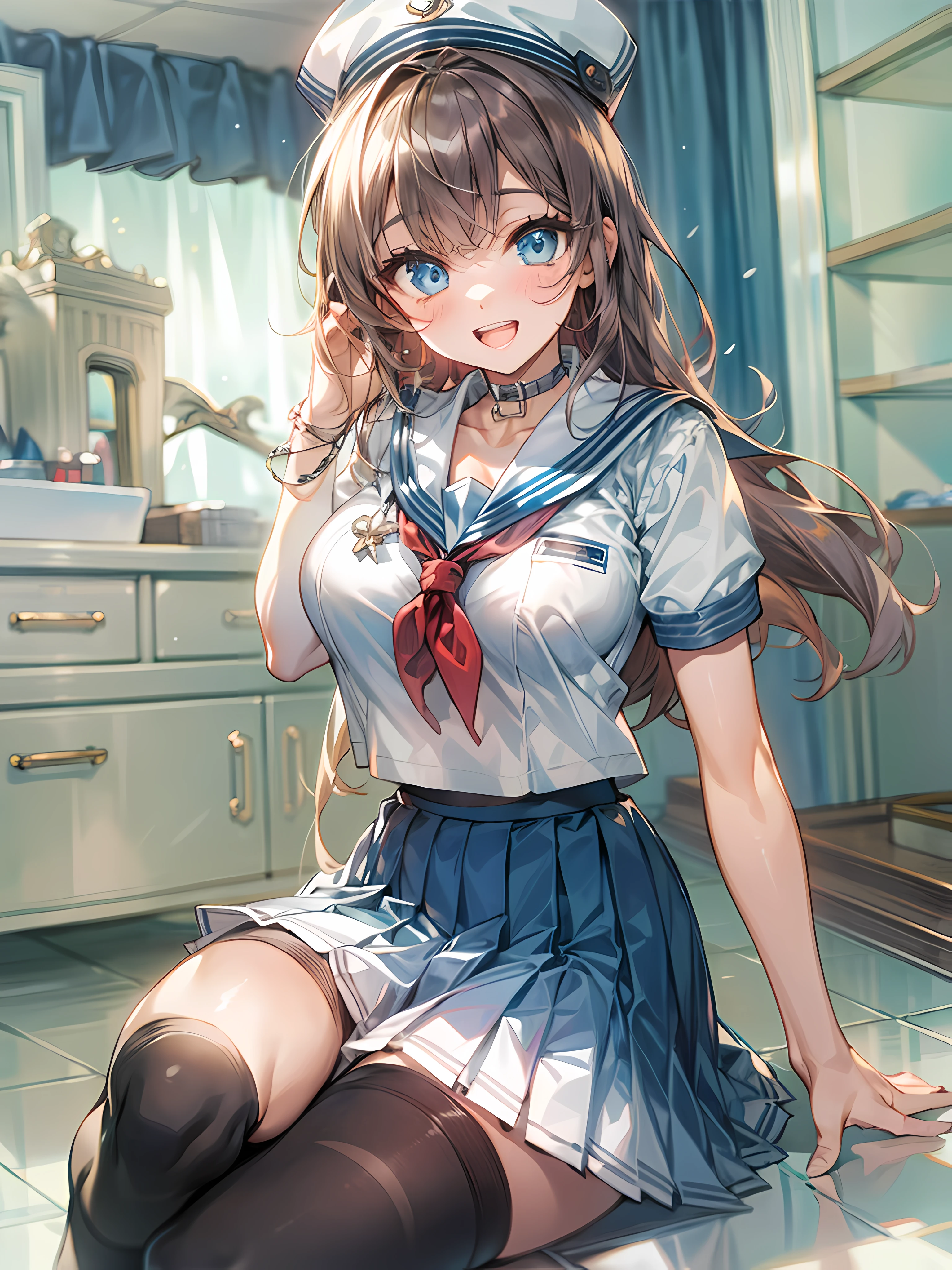 1girll, sitting down on the floor, Place your phone to your ear, Blowing hair, Long hair, blue color eyes,Shining eyes,Detailed eyes,Skirt, Solo, upper legs, Sailor school uniform, navel, Pleated skirt, midriff, Blue eyes, White shirt, Collar, Smile, Medium breasts, view the viewer, Open mouth,,Large breasts,