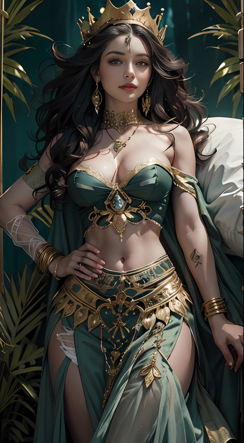 (concept art), masterpiece, best quality, photorealistic, 8k raw photo, a portrait half-body photograph by Tom Bagshaw, tarot card style, [:(detailed face:1.2):0.2], absurdres iris textures, facing viewer, cowboy shot, (photorealistic:1.5), perfect body, 
a beautiful girl pureerosface_v1, smiling, ankle high heels, wearing transparent black off_shoulder_bandage_dress with gold ornaments and crown, necklace, armband, navel ring, transparent heavy lace cloak made of swan feathers, big boobs, green eyes, long legs, long green hair, rim lighting, lying on bed inside a silky luxurious tent, treasure chests, hills, rainforest, blue sky, clouds, sun style-hamunaptra, DarkFantasy