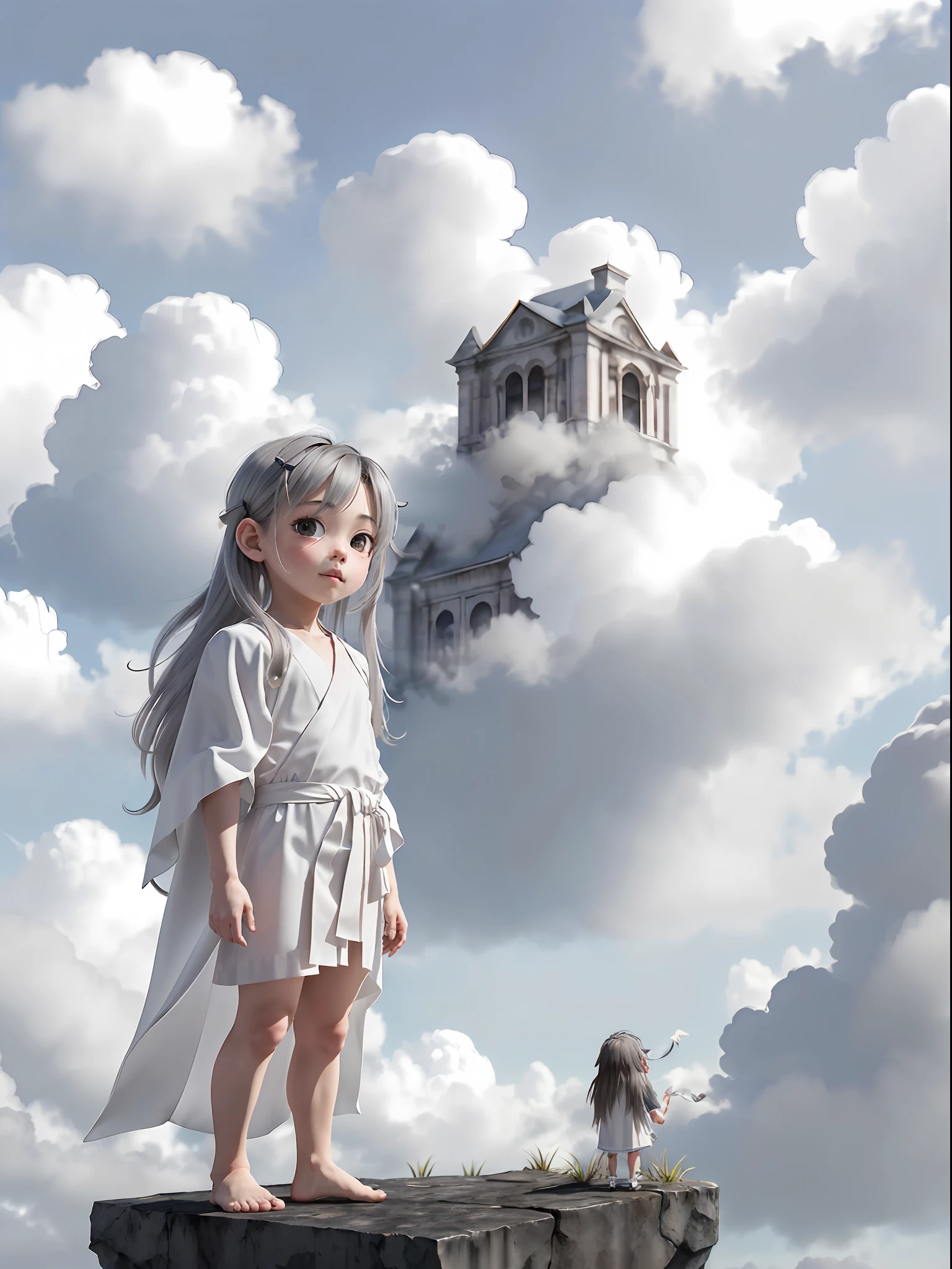 (1boy), solo, _boy, grey-hair, (long-hair:1.3), photo(medium), wearing(white-long-toga), (FULL BODY, CHIBI), background(heaven, cloud), (blurry_background:1.5), (photorealistic, absurdres, best_quality:1.5),