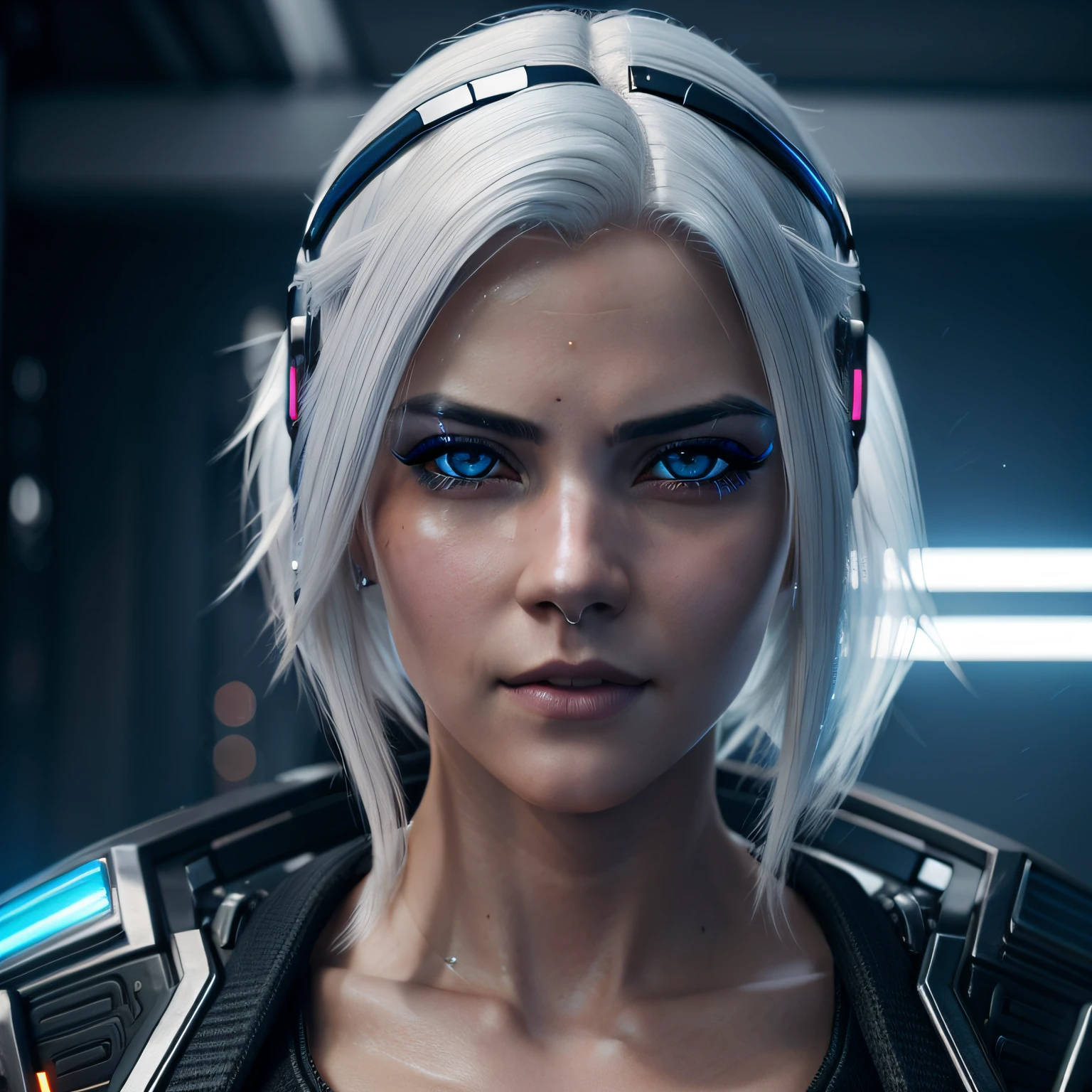 A beautiful woman in cyberpunk style, with blue eyes and white hair in a futuristic, hyper realistic, intricate, hyper detailed, 8k, cinematic, photorealistic, extreme beauty.