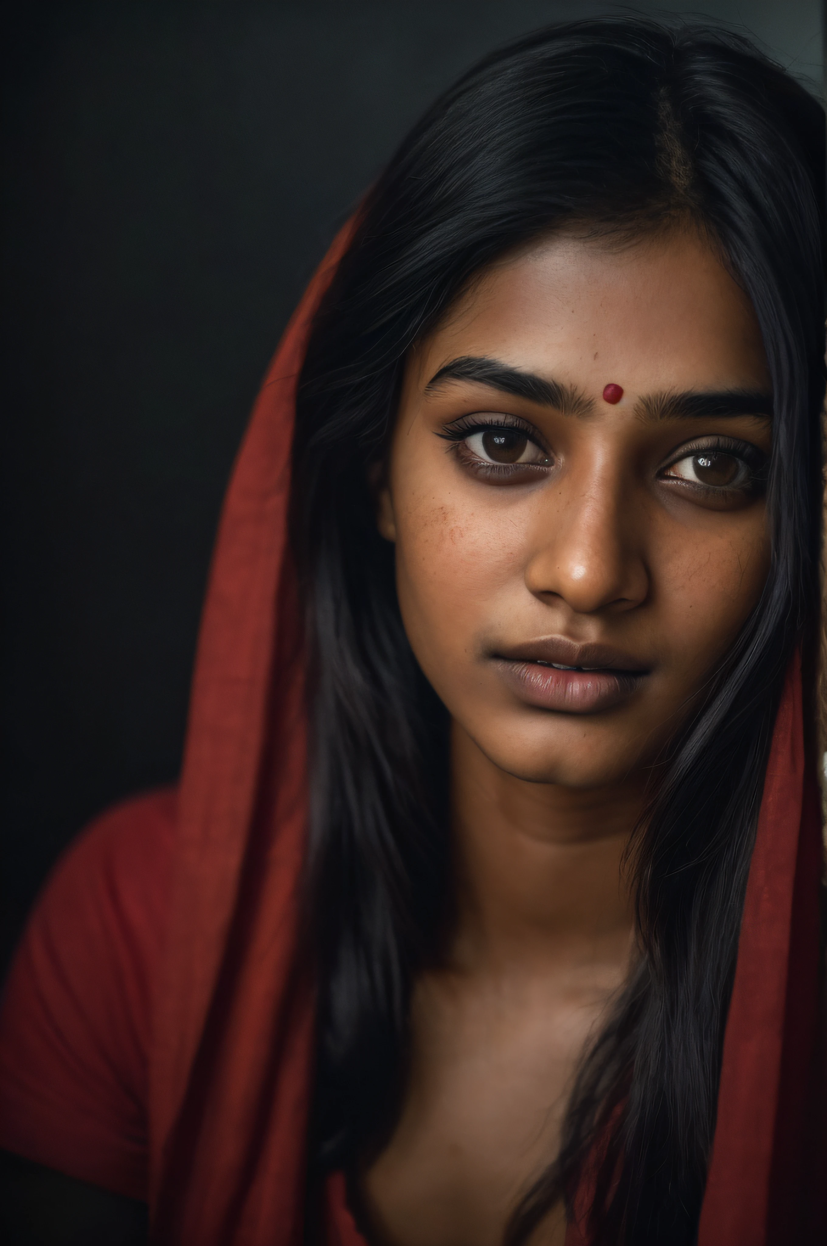 (close-up, editorial photograph of a 21 year old Indian woman), (highly detailed face:1.4) (smile:0.7) (background inside dark, moody, private study:1.3) POV, by lee jeffries, nikon d850, film stock photograph ,4 kodak portra 400 ,camera f1.6 lens ,rich colors ,hyper realistic ,lifelike texture, dramatic lighting , cinestill 800,