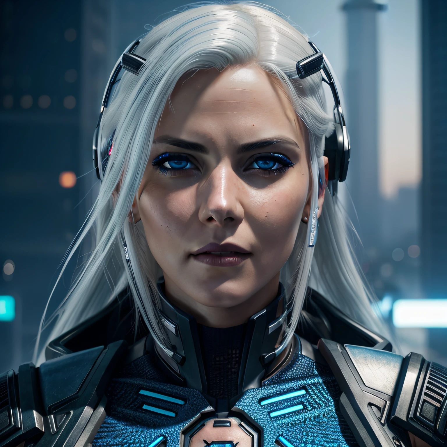 A beautiful woman in cyberpunk style, with blue eyes and white hair in a futuristic, hyper realistic, intricate, hyper detailed, 8k, cinematic, photorealistic, extreme beauty.