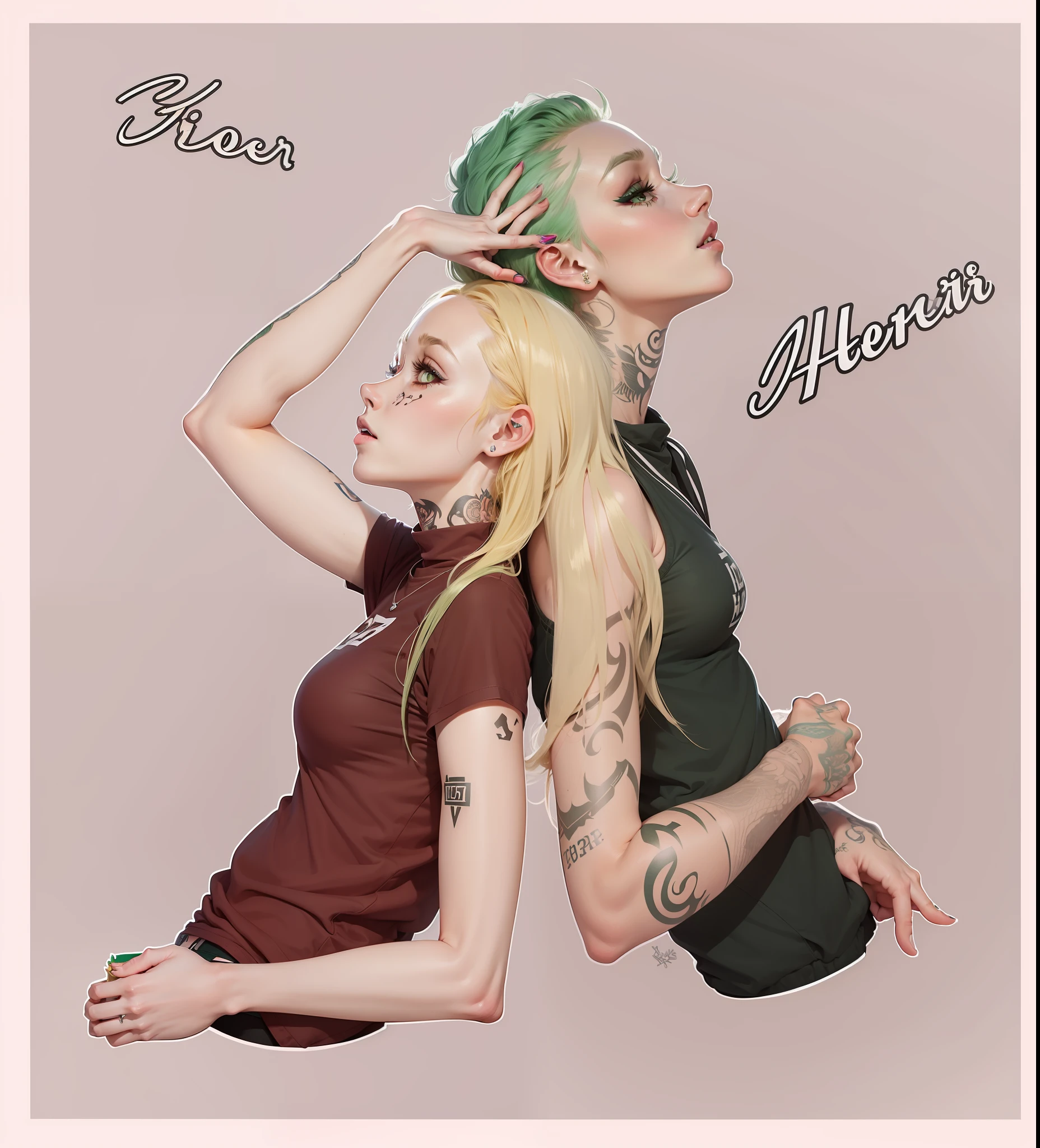 Girl with tattoos, with short green hair, and a girl with long blonde hair
