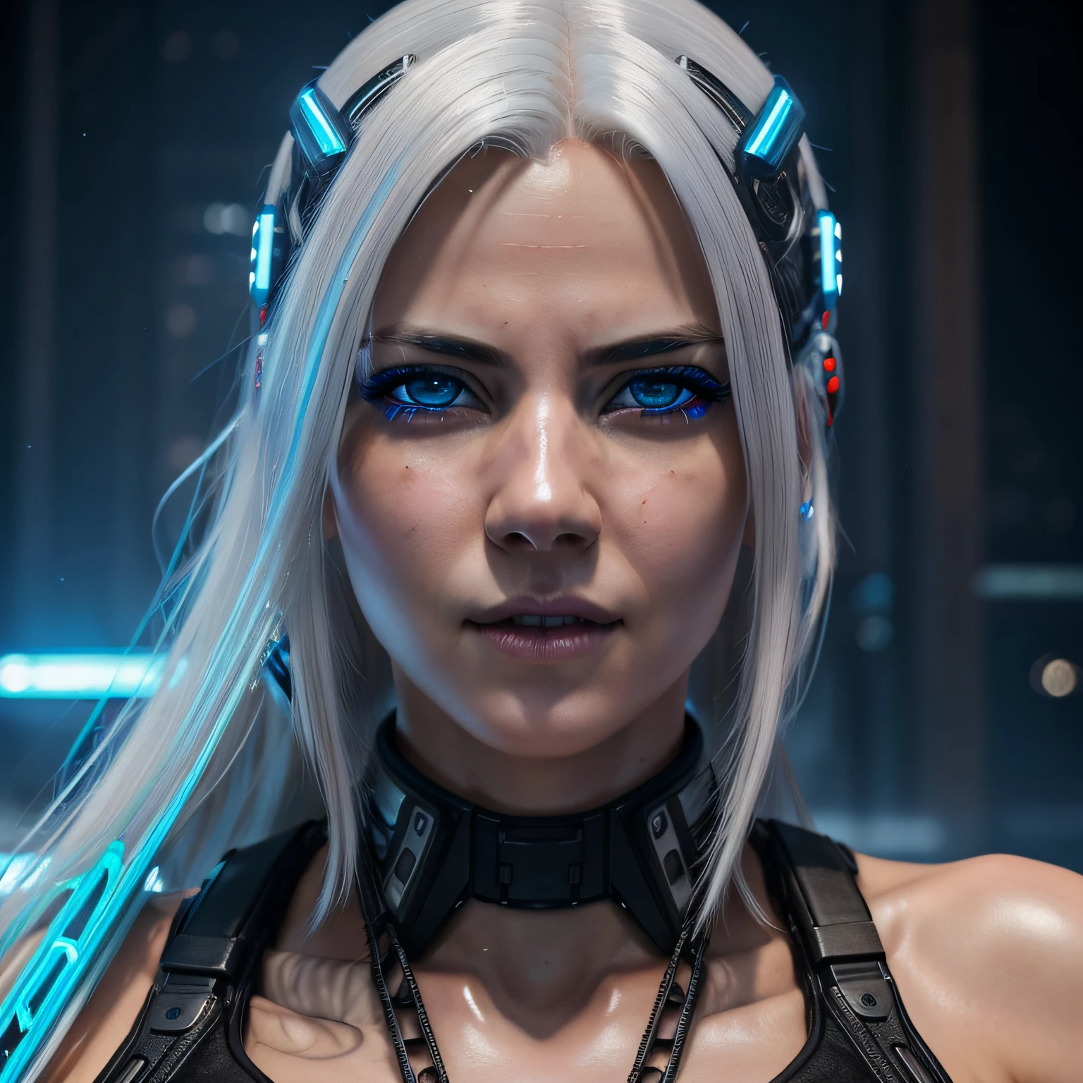 A beautiful woman in cyberpunk style, with blue eyes and white hair in a futuristic, hyper realistic, intricate, hyper detailed, 8k, cinematic, photorealistic, extreme beauty.