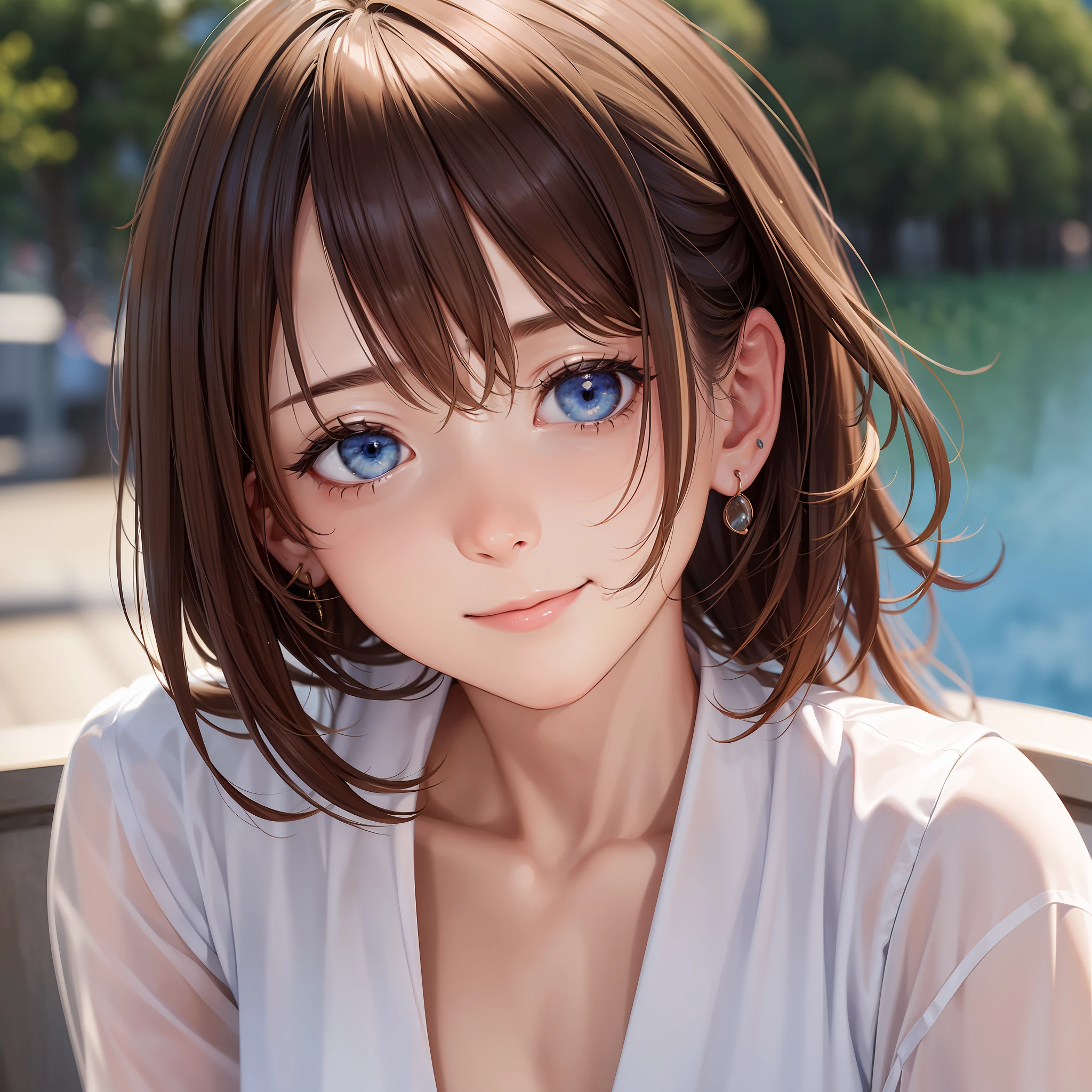 (RAW Photo: 1.2), (Realistic: 1.4), (Masterpiece: 1.3), (Best Quality: 1.4), Ultra High Resolution, HDR, 8k Resolution, Dreamy, Check Review, Review Request, Landscape, (No Text)), Individual Focus, (Detailed Eyes), (Detailed Facial Features), (Detailed Clothing Features), Skin Tightness, (Shiny Skin), (Slim), (Slim), (Beautiful Face), 1 Boy, Virtual Girl-Jen, Young, Bangs, Brunette blue eyes, stud earrings, loose shirt, smile, shy, cute, looking straight at the camera,
