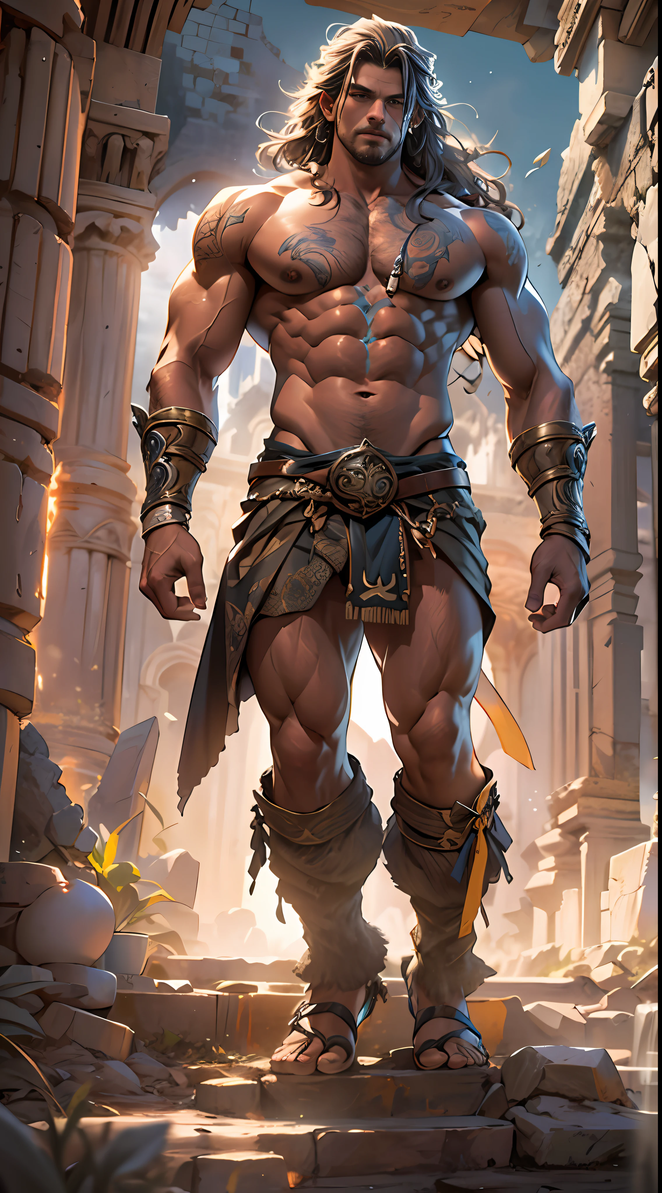 Ripped hero, shirtless upper body, legs revealed from thighs to feet, cascading long curls, intricate muscular details, photorealistic artwork, 4K resolution. Background: Mystic ancient ruins with glowing symbols,32k uhd, best quality, masterpiece, super detail, high details