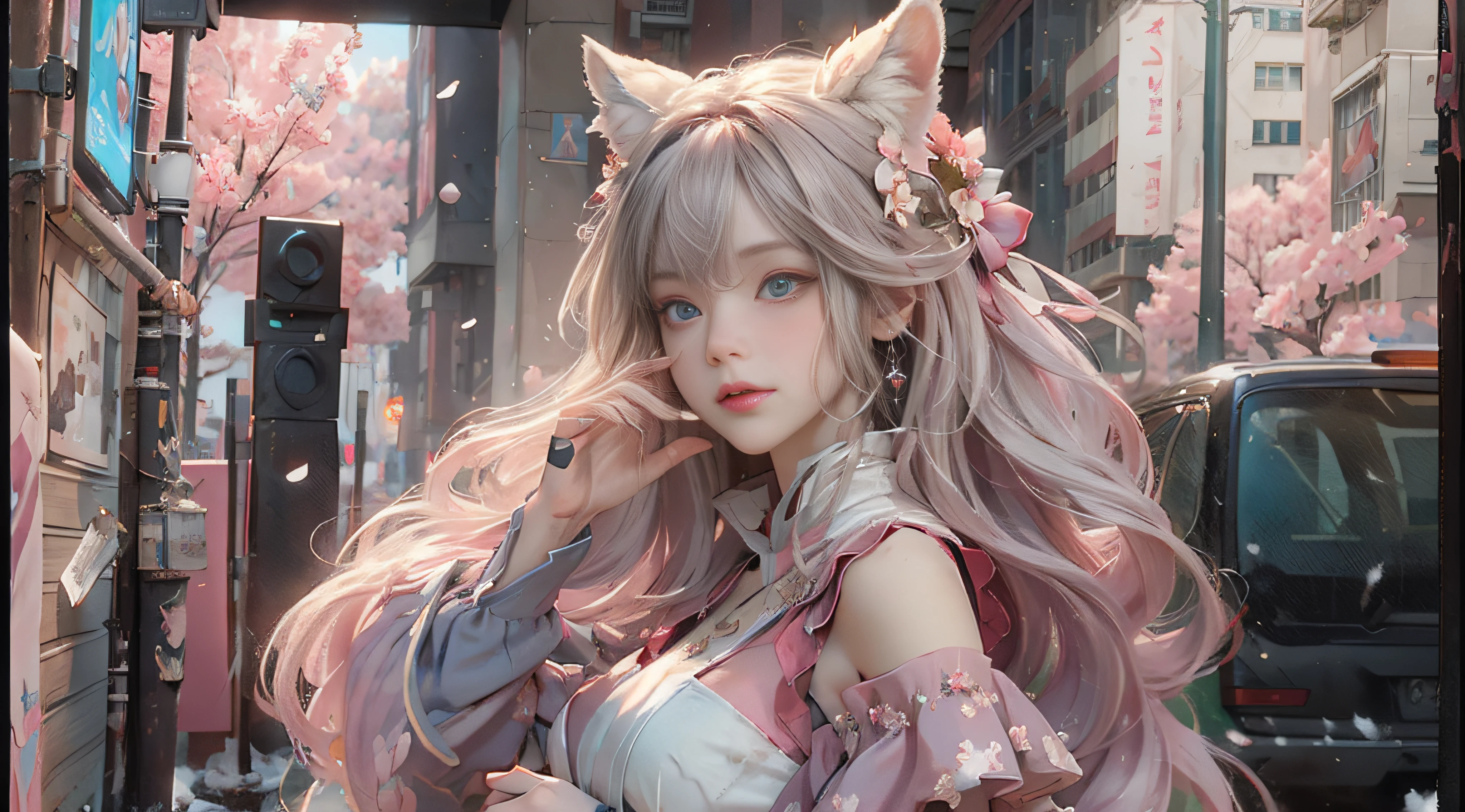 （（best qualtiy））， （（tmasterpiece））， （detail：1.4）， Beautiful cyberpunk female images，hdr（HighDynamicRange），Ray traching，NVIDIA RTX，Hyper-Resolution，illusory 5，sub surface scattering，PBR textures，post-proces，Anisotropy Filtering，depth of fields，maximum definition and sharpness，Many-Layer Textures，Albedo e mapas Speculares，Surface coloring，Mitsu-Accurate simulation of material interactions，perfectly proportioned，rendering by octane，Two-colored light，largeaperture，Low ISO，White balance，Rule three points、8K raw data、Beautiful bright blue pupils，off-the-shoulder clothes，Fine pupils，Delicate face and eyes，long eyelasher，Blushlush，Delicate and fluffy hair，pink lip，Pure，Cute face，Sweet girl，Artistic sense，Casual wear，Advancedsense，butterflys，Cherry blossom petal，Beautiful hair accessories，Long hair and waist，Hair fluttering in the wind，Snow-white fox ears，curlies，Snow-white fluffy tail