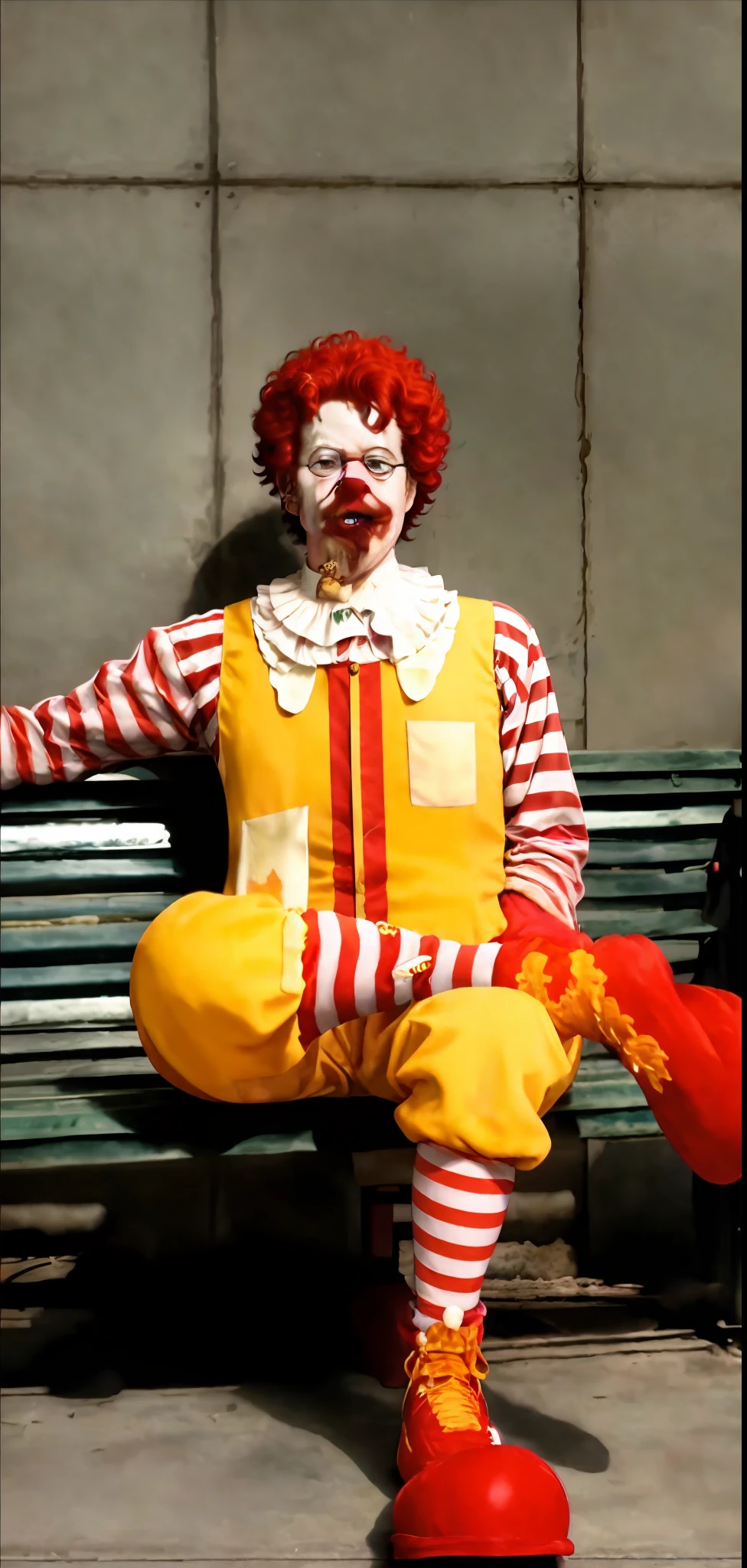 clown dressed in red wig and striped shirt of clown ronald mcdonalds, clown painted face, sentado em um banco, ronald mcdonald, Imagem de Ronald McDonald, Ronald McDonald como um Muppet, pauline hanson as a clown, Penteado vermelho Ronald McDonald, red ronald mcdonald messy hair, Cabelo vermelho de Ronald McDonald, capitalist clown, Mcdonald, wearing accurate clown makeup, communist clown, Stephen King como Pennywise, the clown is far from the camera, sharp facial features