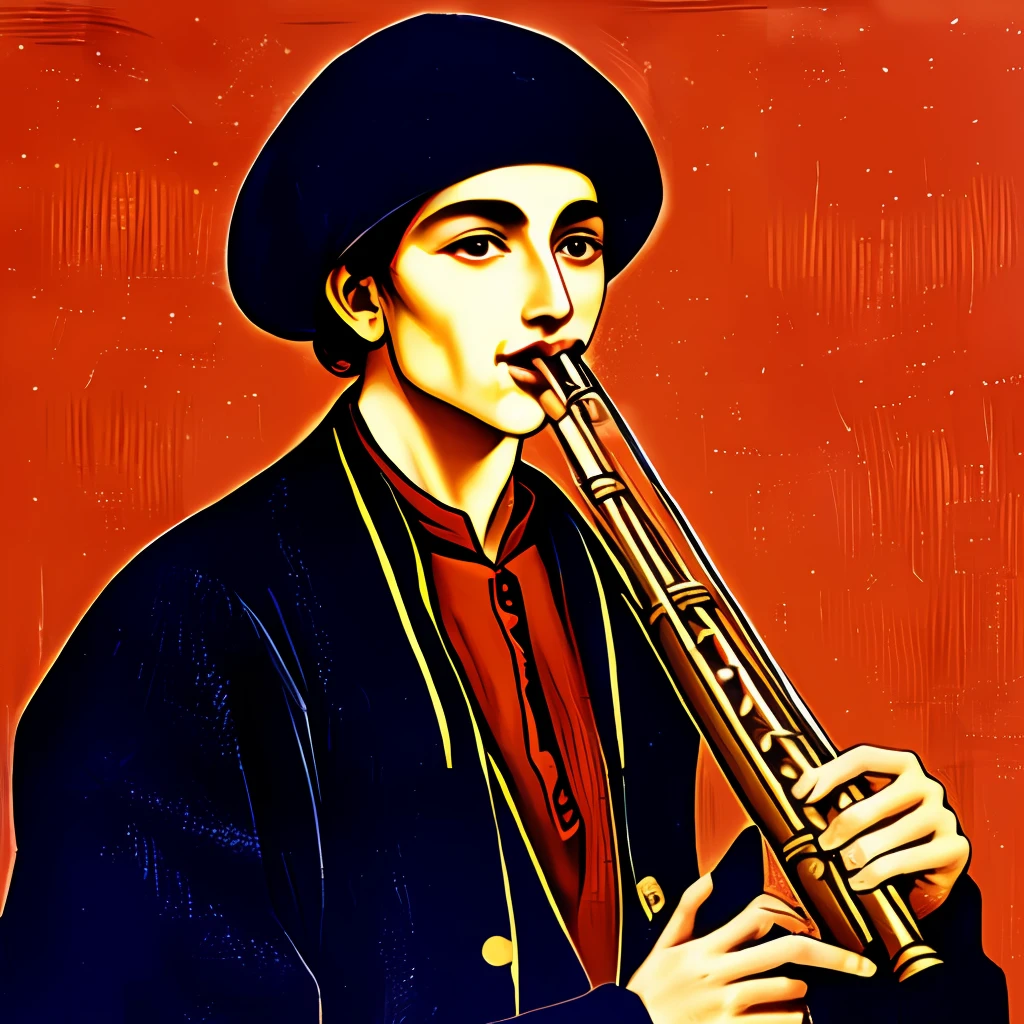 um homem jovem, (Clothes of the fifteenth century), The man is playing a flute in his mouth, detalhes intrincados, rosto perfeito, perfect hands