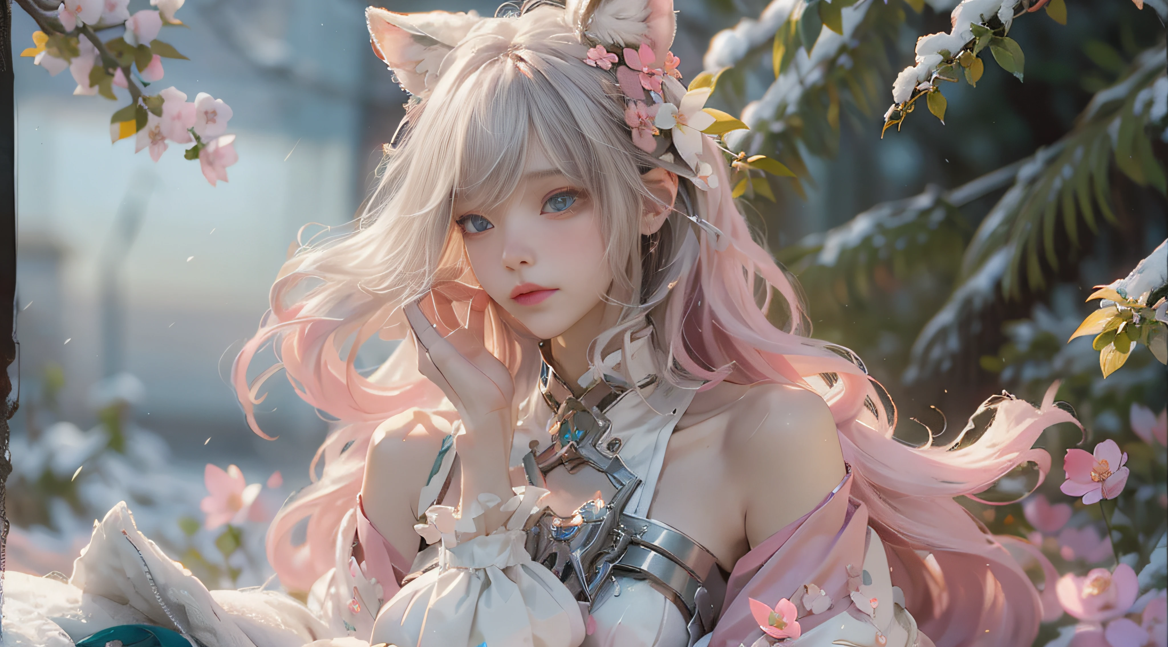 ((best qualtiy)), ((tmasterpiece)), (detail:1.4), Beautiful cyberpunk female images,hdr(HighDynamicRange),Ray traching,NVIDIA RTX,Hyper-Resolution,illusory 5,sub surface scattering,PBR textures,post-proces,Anisotropy Filtering,depth of fields,maximum definition and sharpness,Many-Layer Textures,Albedo e mapas Speculares,Surface coloring,Mitsu-Accurate simulation of material interactions,perfectly proportioned,rendering by octane,Two-colored light,largeaperture,Low ISO,White balance,Rule three points、8K raw data、Beautiful bright blue pupils,off-the-shoulder clothes,Fine pupils,Delicate face and eyes,long eyelasher,Blushlush,Delicate and fluffy hair,pink lip,Pure,Cute face,Sweet girl,Artistic sense,Casual wear,Advancedsense,butterflys,Cherry blossom petal,Beautiful hair accessories,Long hair and waist,Hair fluttering in the wind,Snow-white fox ears,curlies,Snow-white fluffy tail
