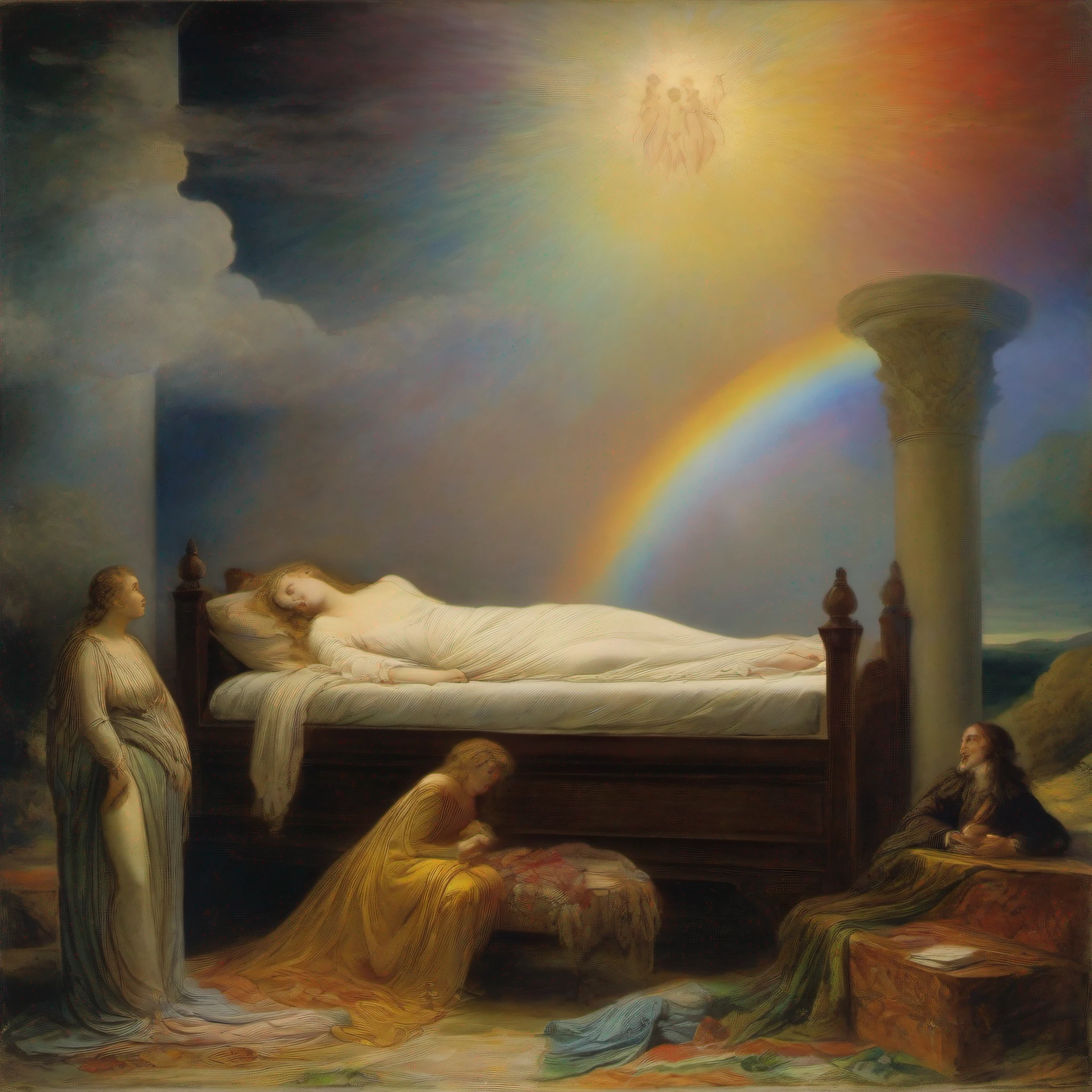 a painting of a woman laying on a bed with a rainbow in the background, by William Blake, william blake and repin, inspired by William Blake, the three marys at the sepulchre, still of rainbow ophanim, beautiful depiction, ethereal rainbows, by Gustav Doré, william blake art exhibit, gustave dore' background, by Gustave Dore, the birth