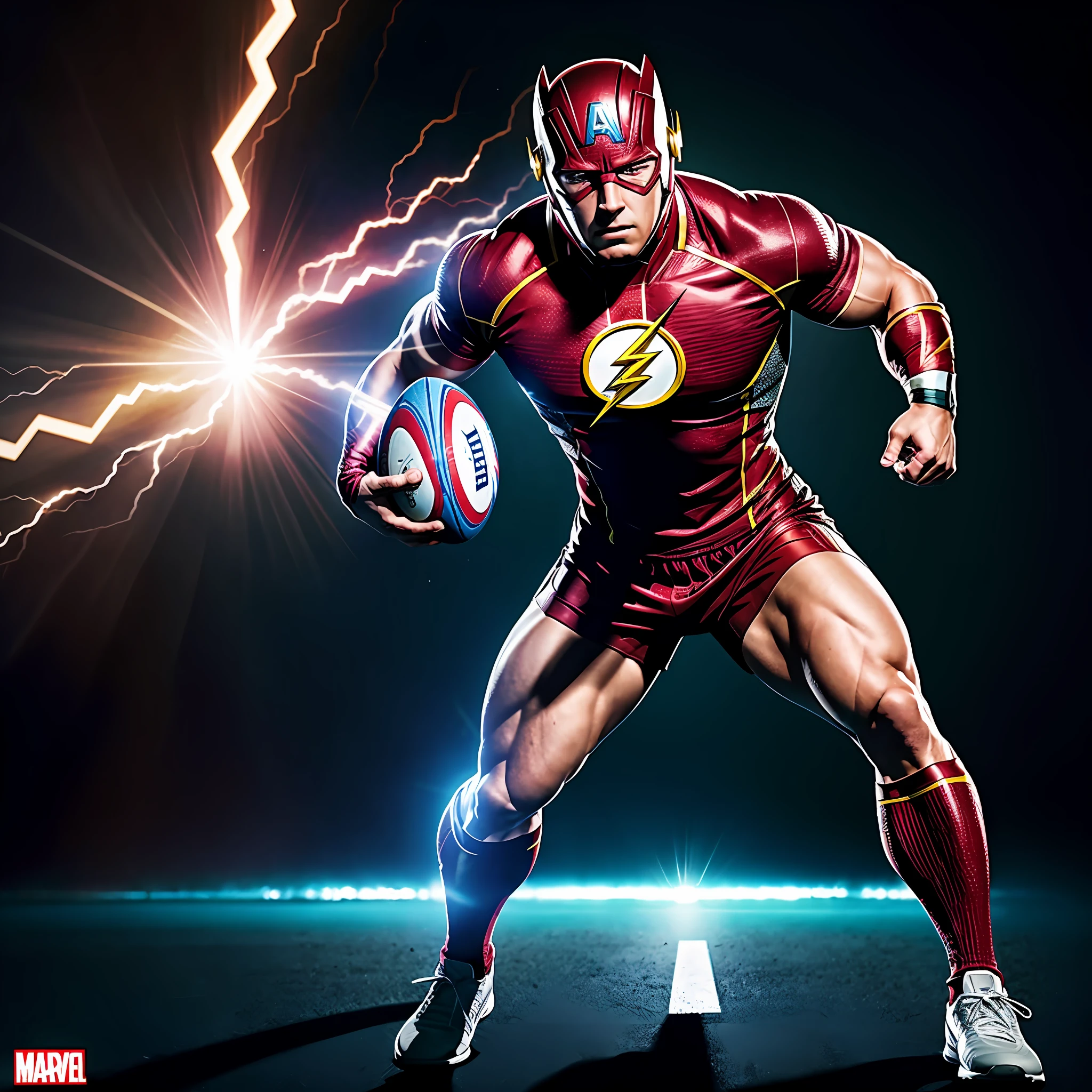**Marvel Flash (film) playing rugby, full body flash, ultra realistic image, 8k**